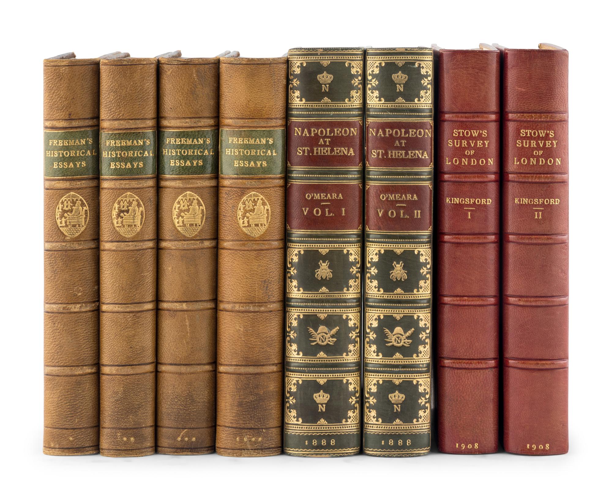 [BINDINGS] -- [HISTORY & LITERATURE]. A group of 7 works, most in full or half leather bindings, including works related to history and literature, comprising:
