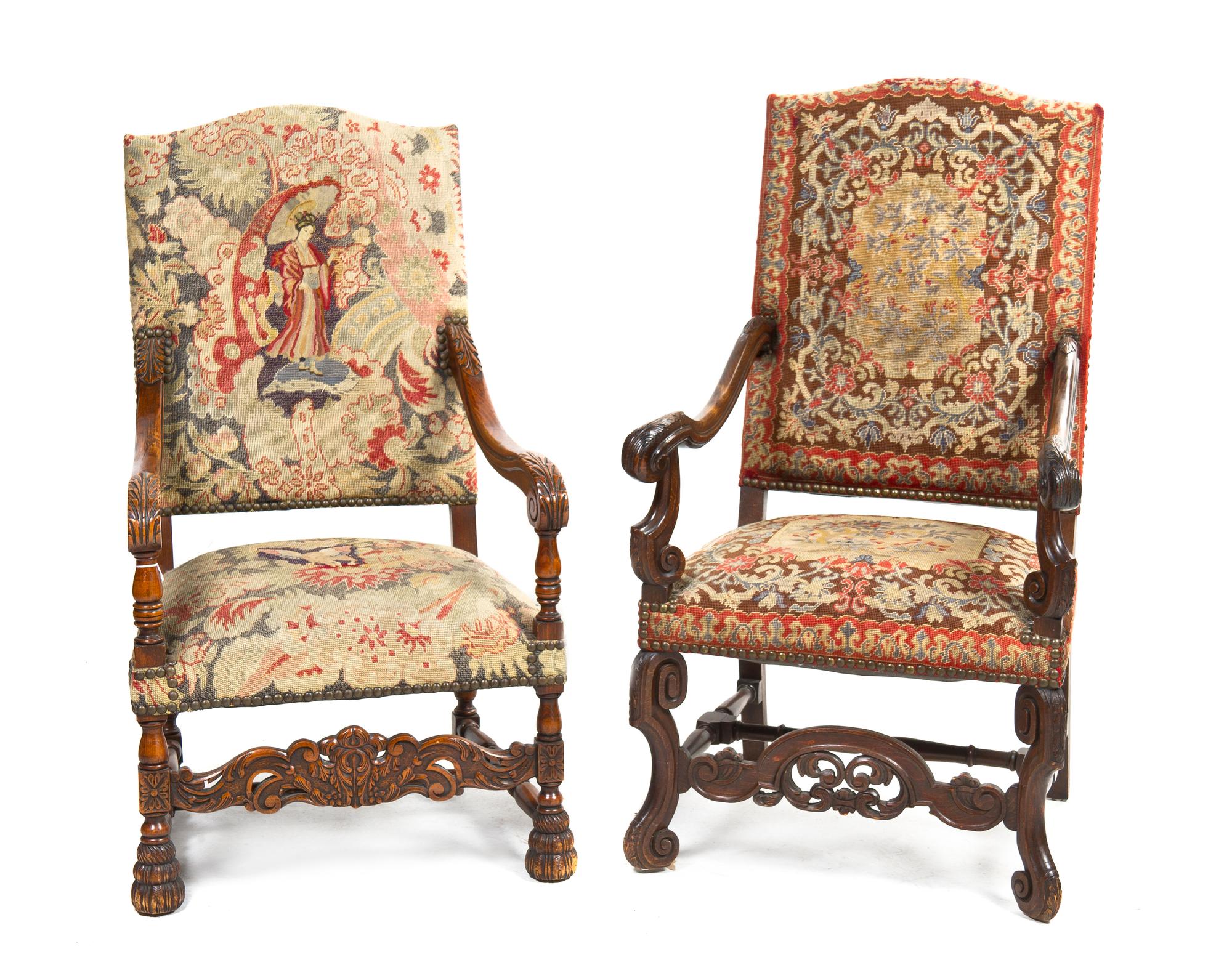 A Near Pair of Henry II Style Open Armchairs, Height of taller 47 1/2 inches.