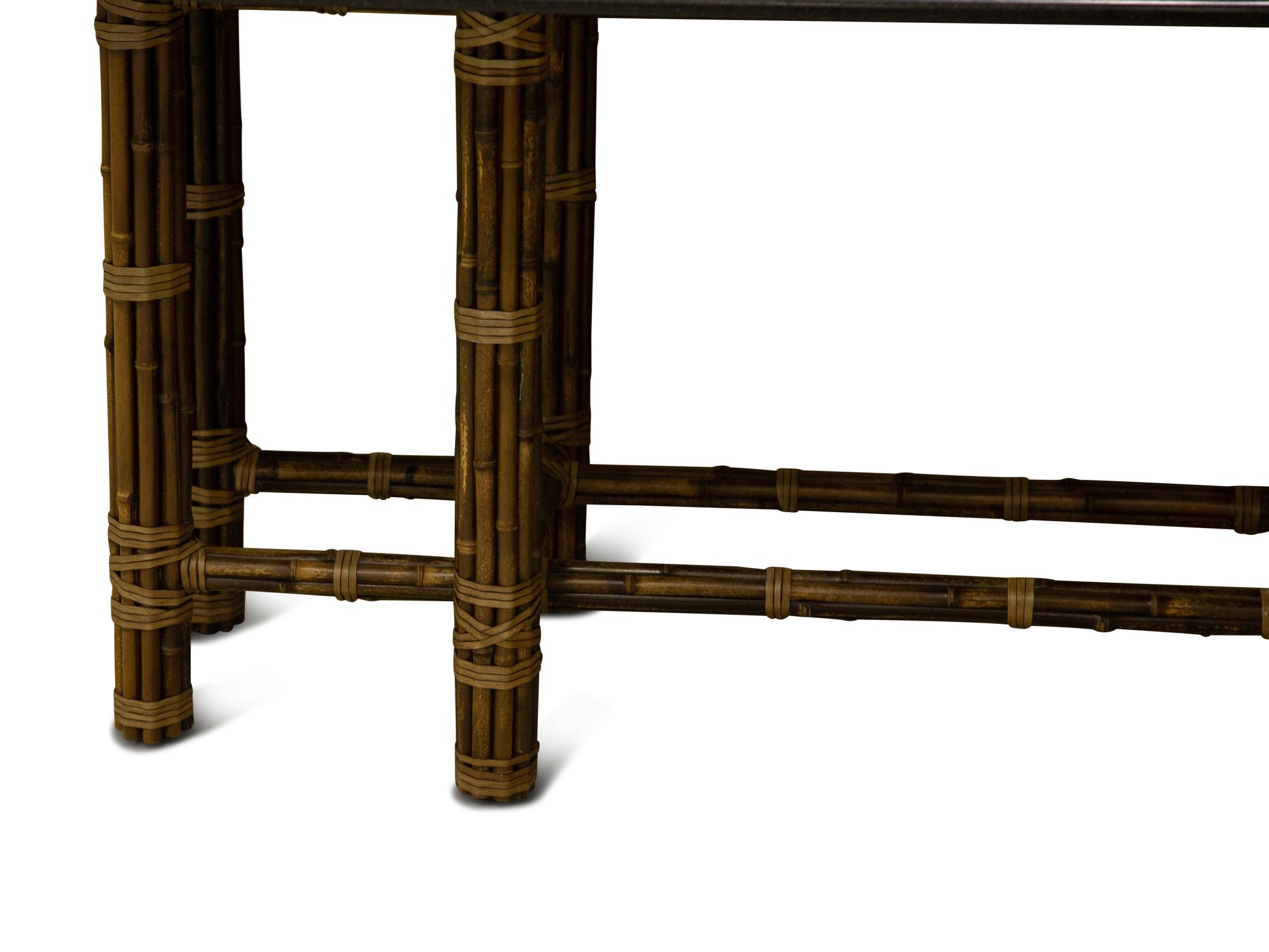 A McGuire Leather-Wrapped Bamboo Console Table with a Custom Black Granite Top