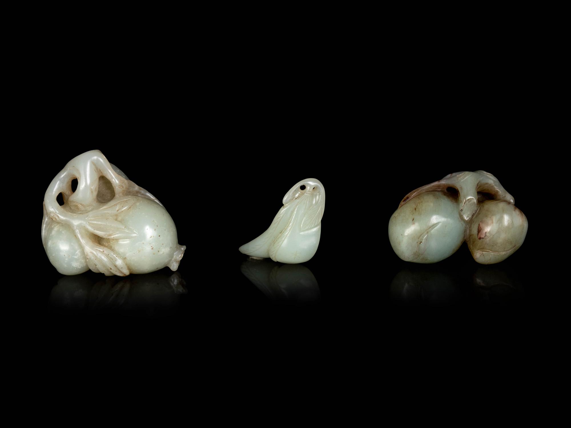 Three Chinese Celadon Jade Carvings of Fruits and Vegetables