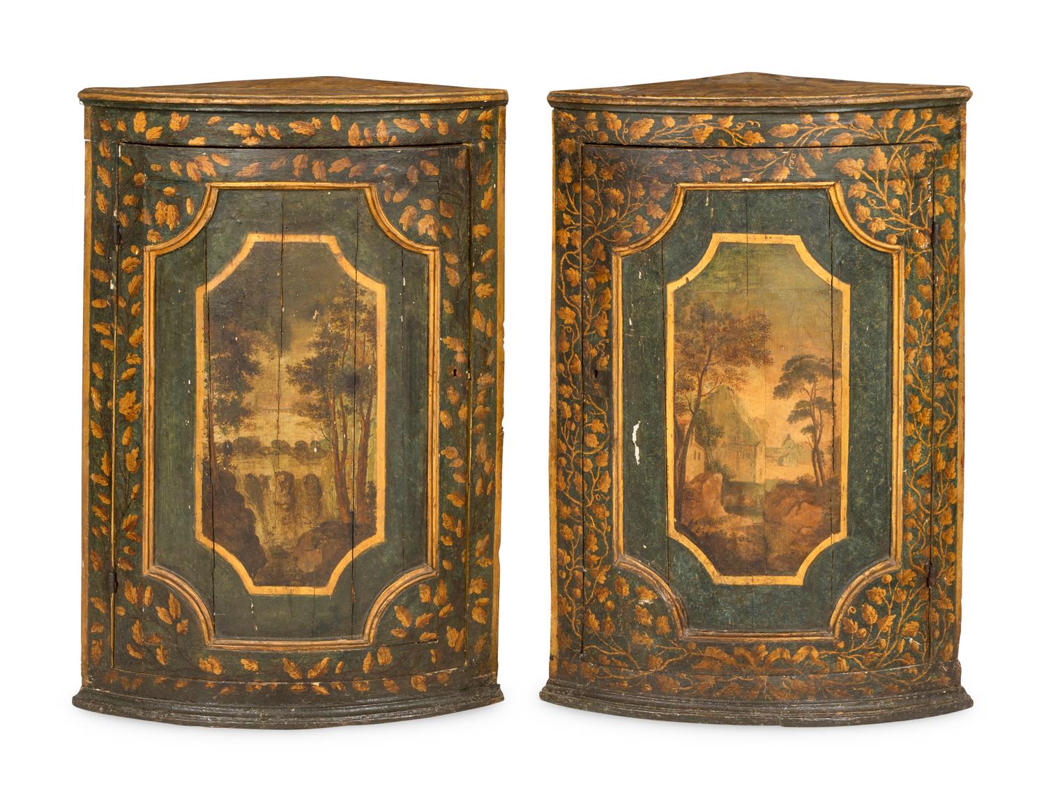 A Pair of Italian Painted Faux Marble and Parcel-Gilt Corner Cabinets