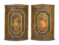 A Pair of Italian Painted Faux Marble and Parcel-Gilt Corner Cabinets
