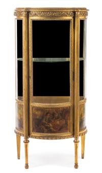 A Louis XVI Style Vernis Martin Decorated Vitrine, Height 54 x width 26 1/4 x depth 13 1/4 inches.