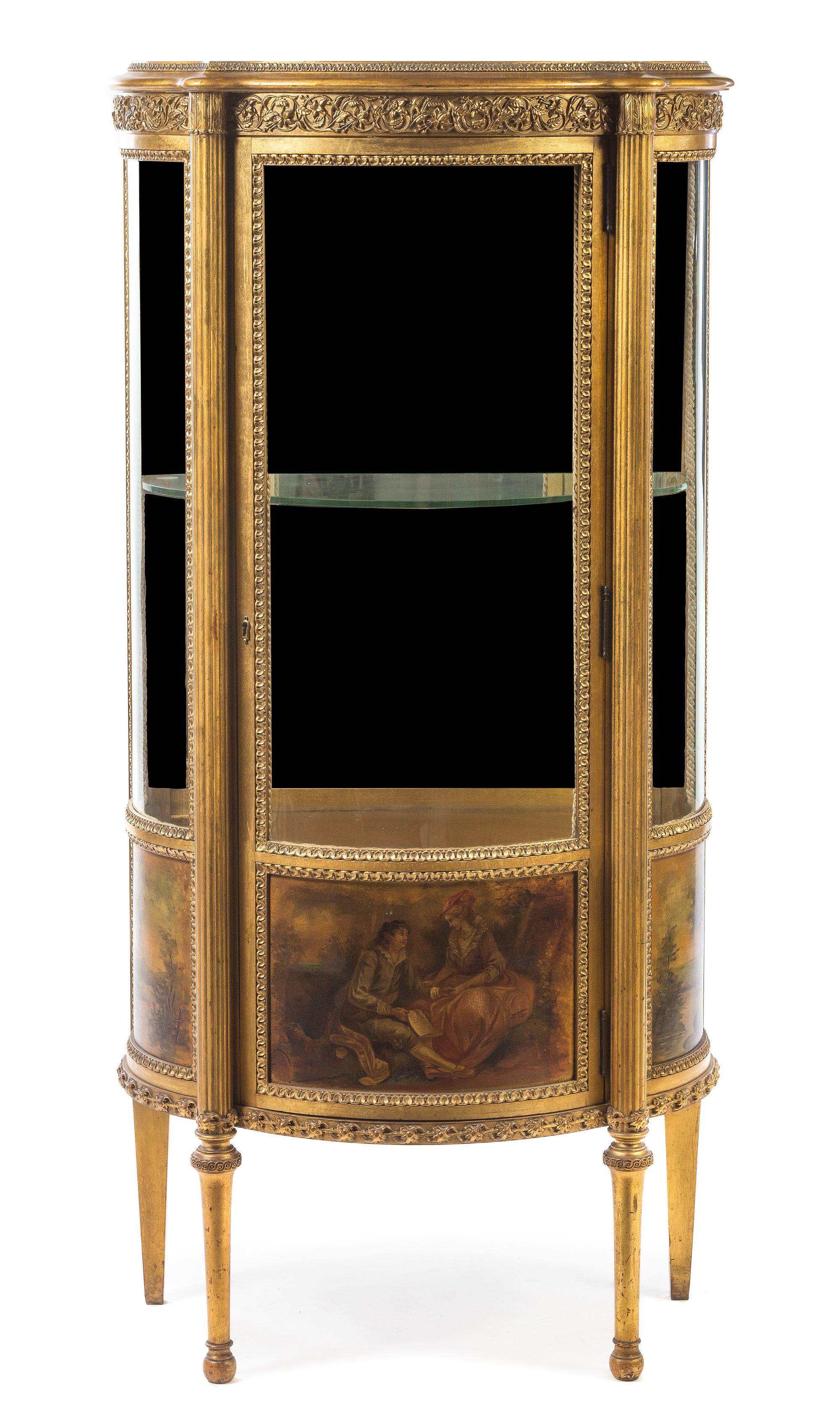 A Louis XVI Style Vernis Martin Decorated Vitrine, Height 54 x width 26 1/4 x depth 13 1/4 inches.