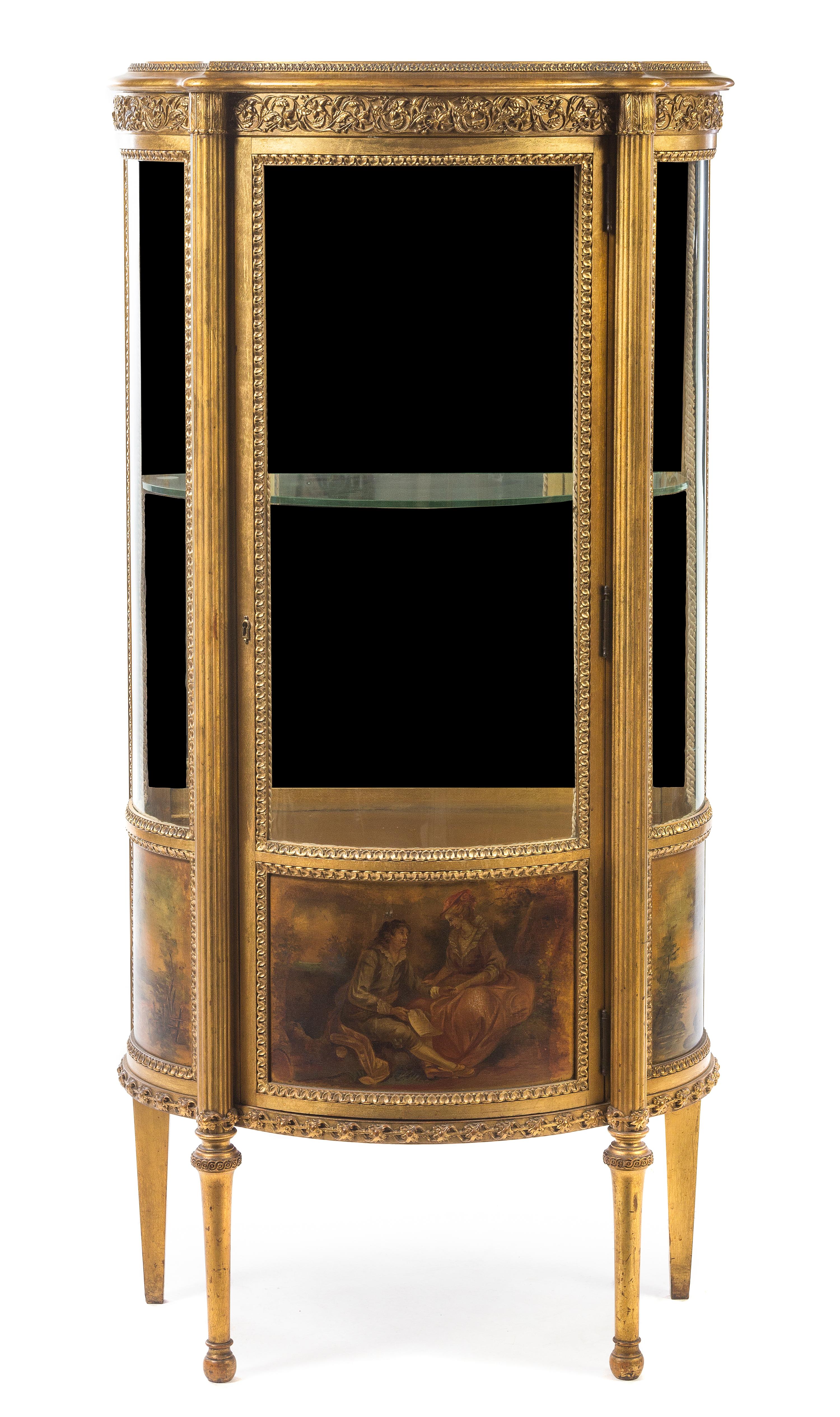 A Louis XVI Style Vernis Martin Decorated Vitrine, Height 54 x width 26 1/4 x depth 13 1/4 inches.