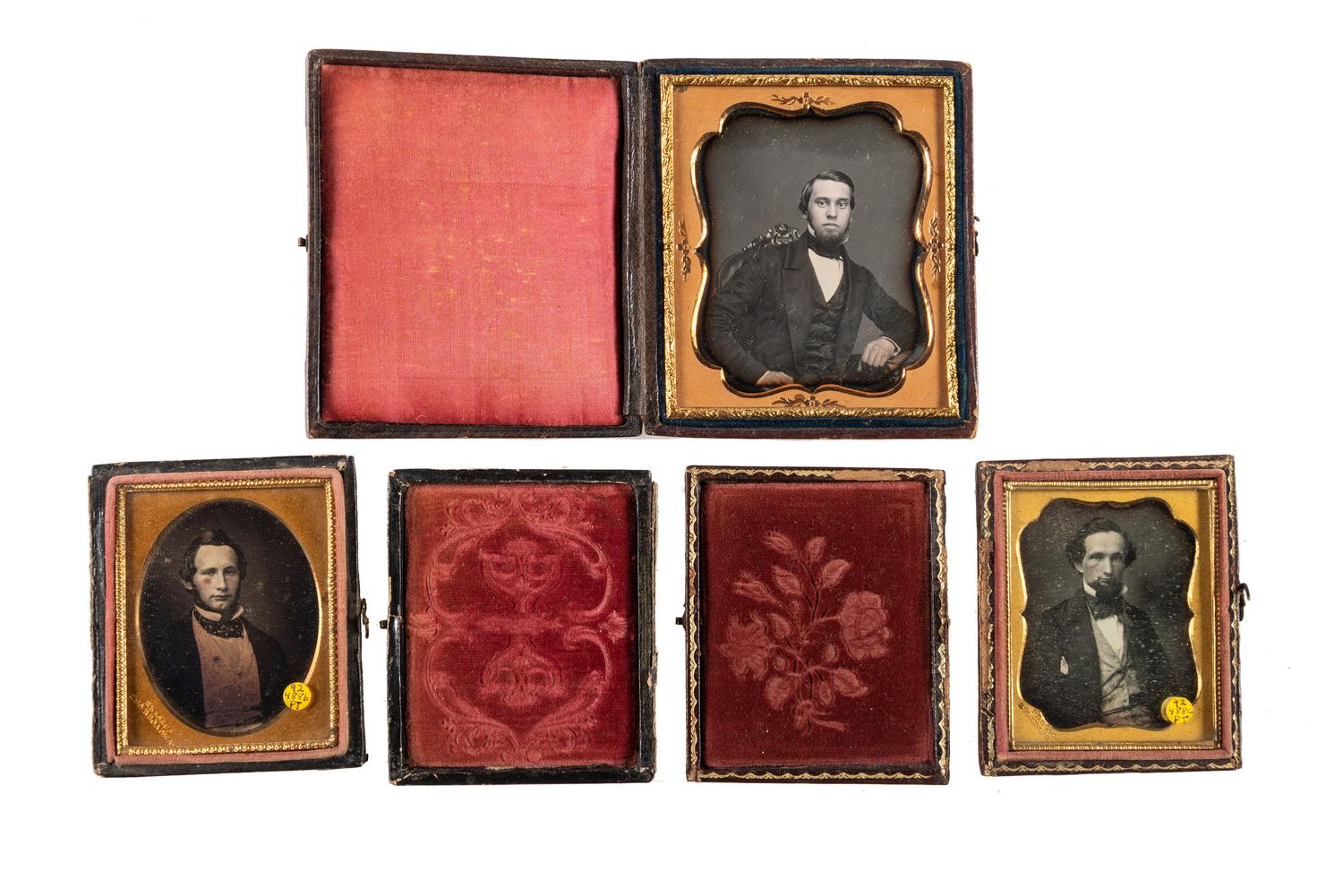 [EARLY PHOTOGRAPHY]. A group of daguerreotype portraits, incl. pendant, possible Hawaiian subject, and case featuring portrait of Daguerre.