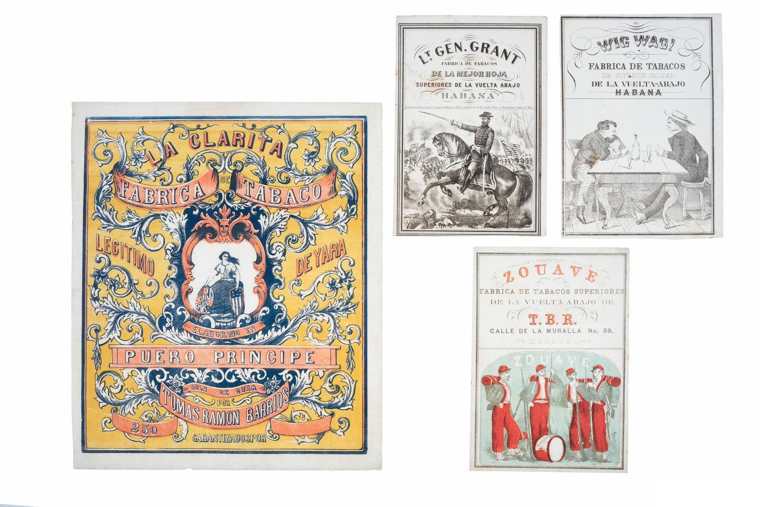 A group of 4 Civil War-era illustrated cigar labels, comprising: