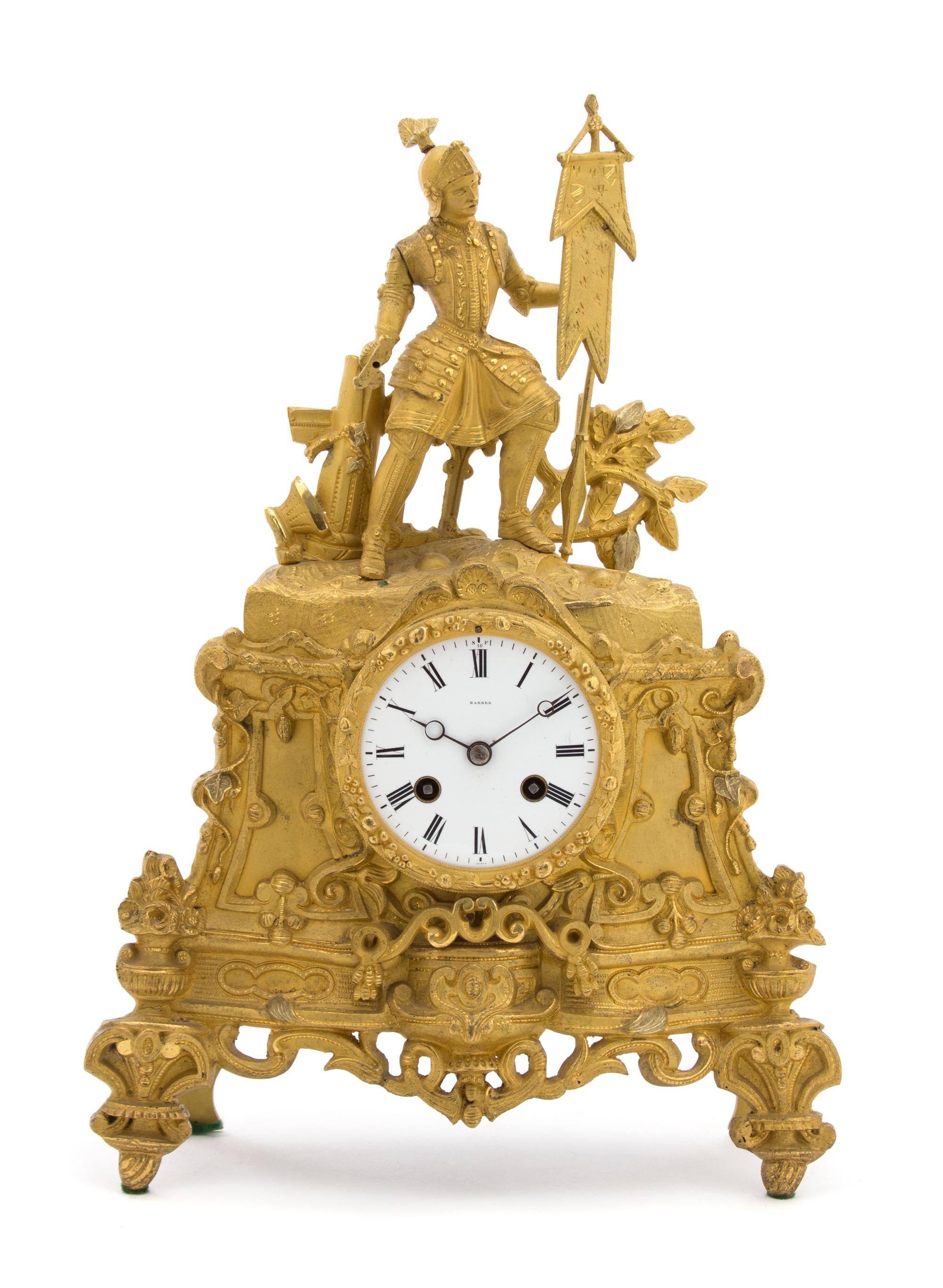 A French Gilt Bronze Figural Mantle Clock Height 16 x width 10 x depth 3 inches. — MID-19TH CENTURY