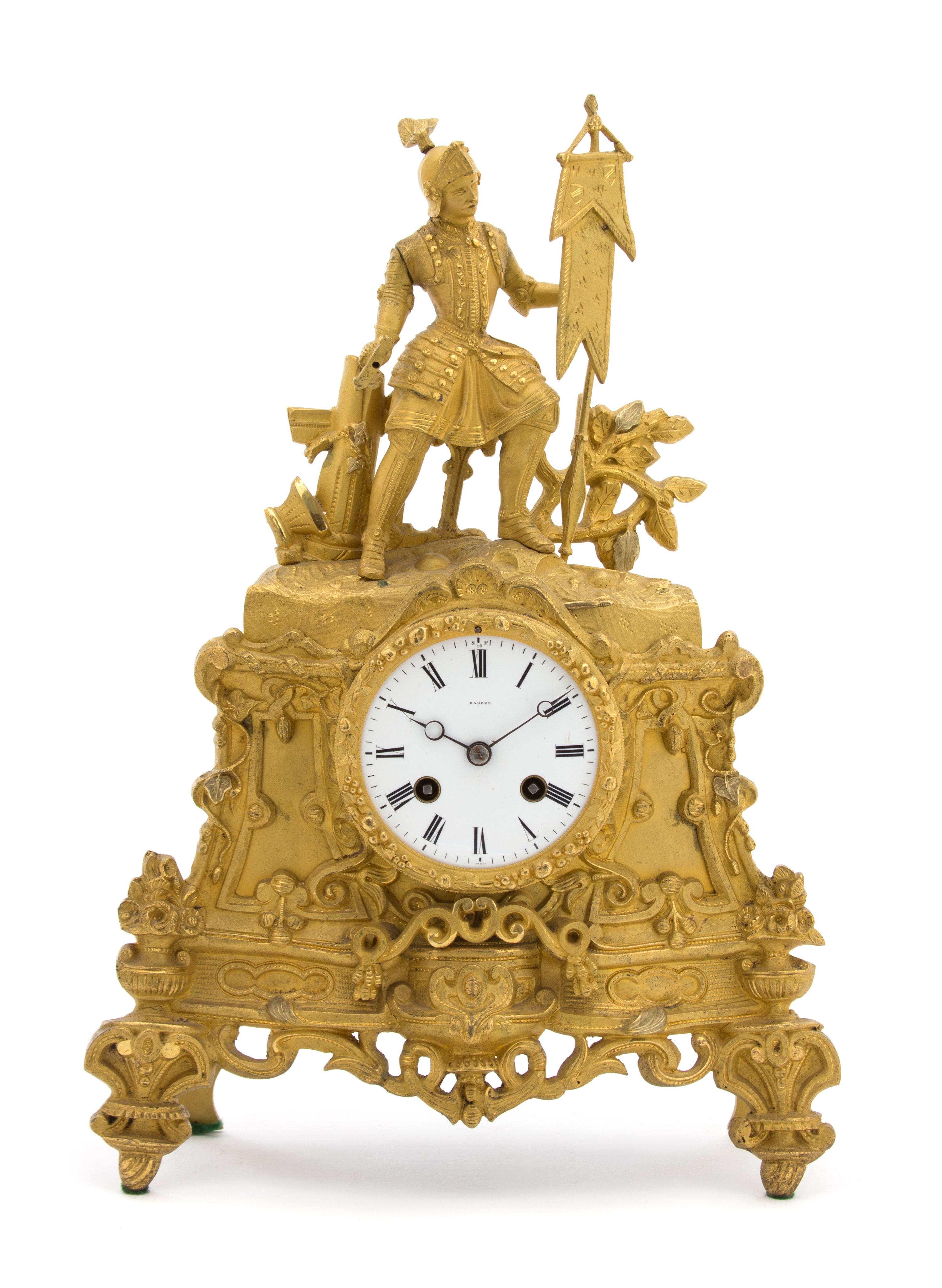 A French Gilt Bronze Figural Mantle Clock Height 16 x width 10 x depth 3 inches. — MID-19TH CENTURY