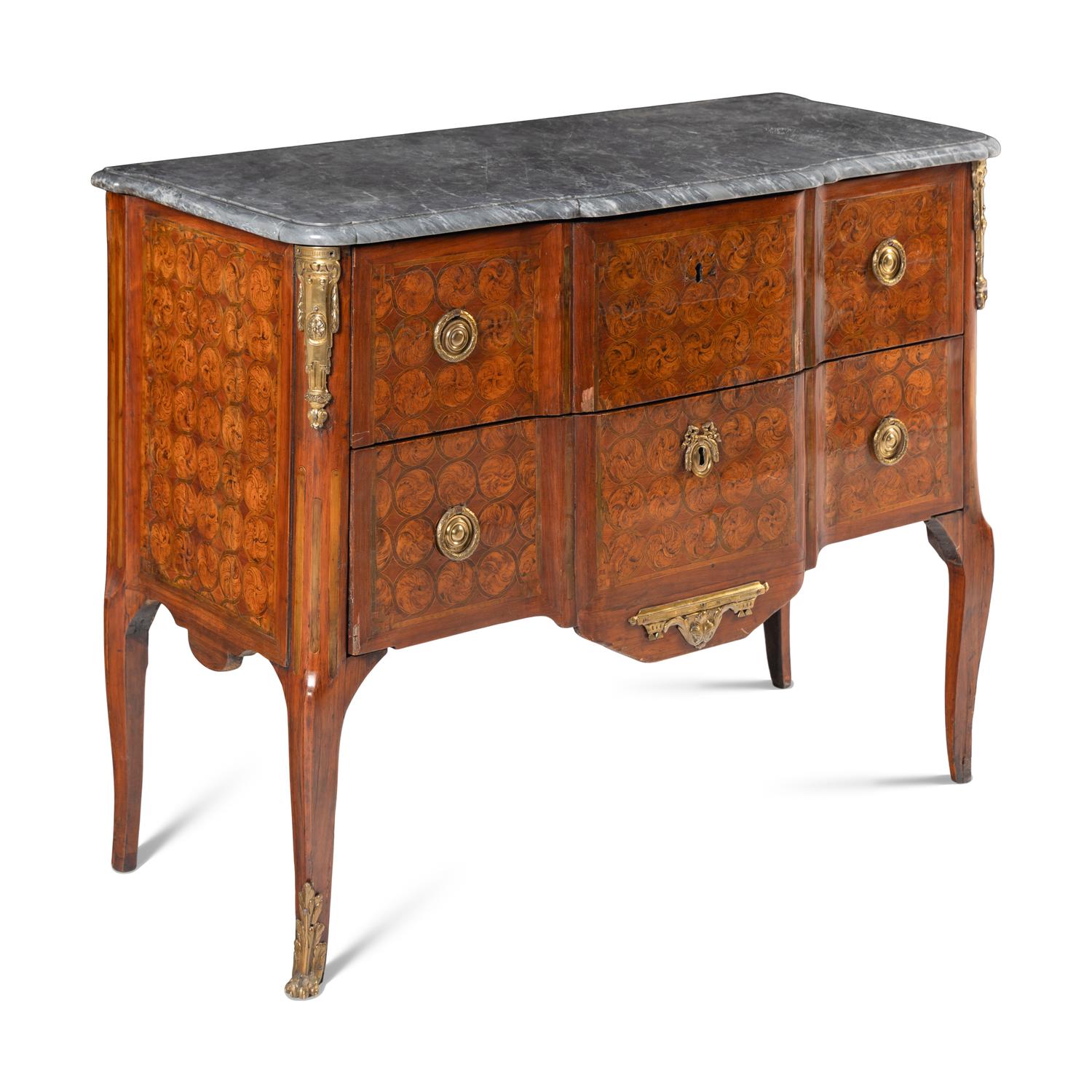 A Louis XV/XVI Transitional Gilt Bronze Mounted Marquetry Tulipwood and Amaranth Commode