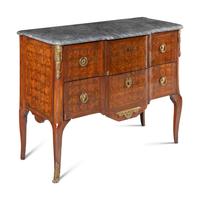 A Louis XV/XVI Transitional Gilt Bronze Mounted Marquetry Tulipwood and Amaranth Commode