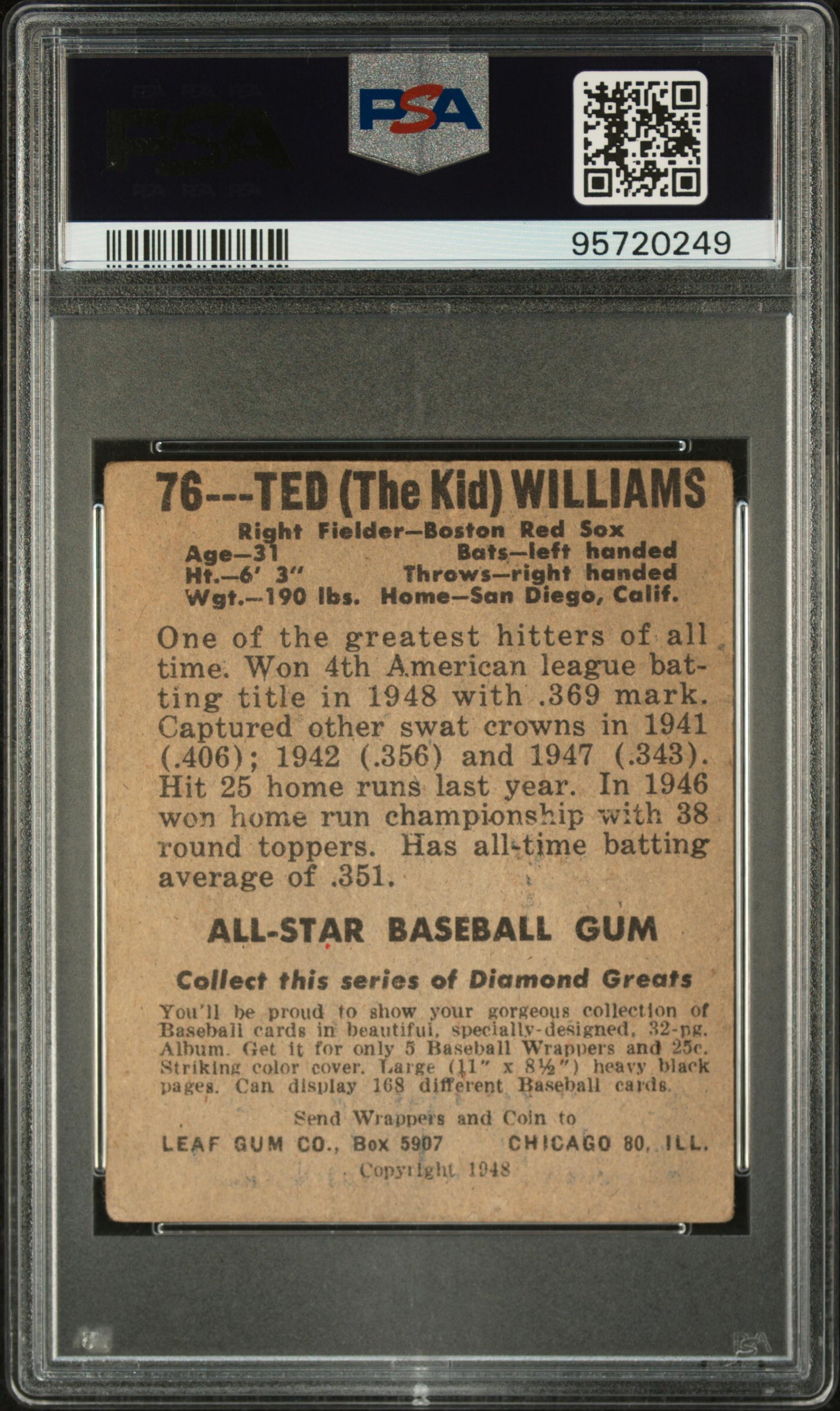A 1948 Leaf Ted Williams Baseball Card No. 76 (PSA 2 GOOD)
