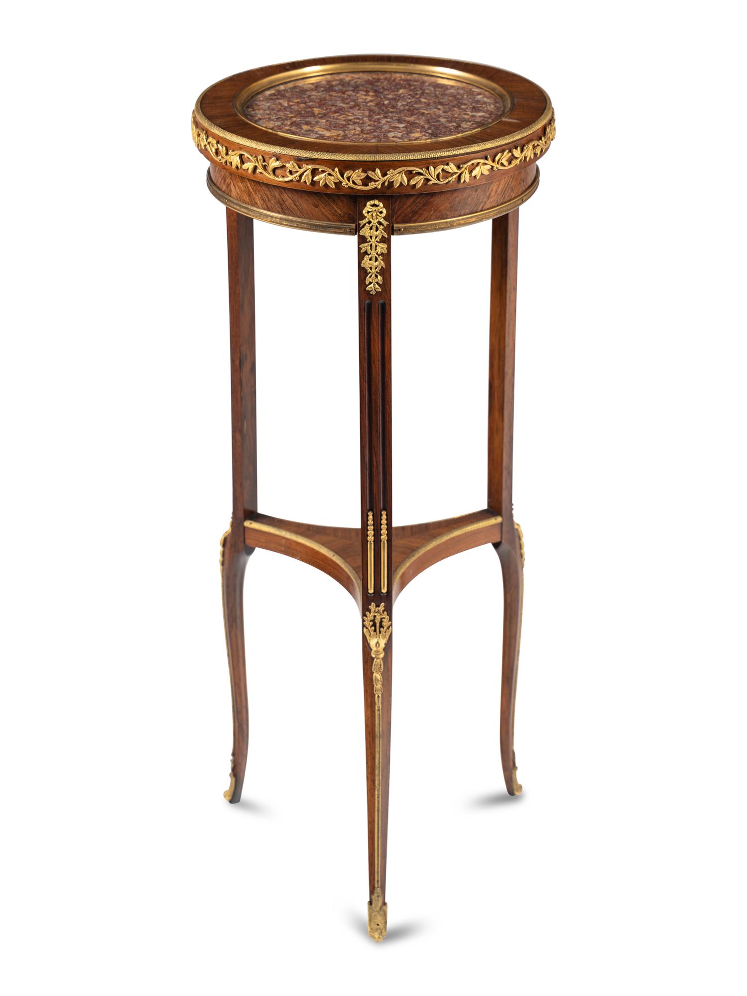 A Louis XVI Style Gilt Bronze Mounted Mahogany Marble-Top Side Table