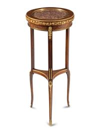 A Louis XVI Style Gilt Bronze Mounted Mahogany Marble-Top Side Table