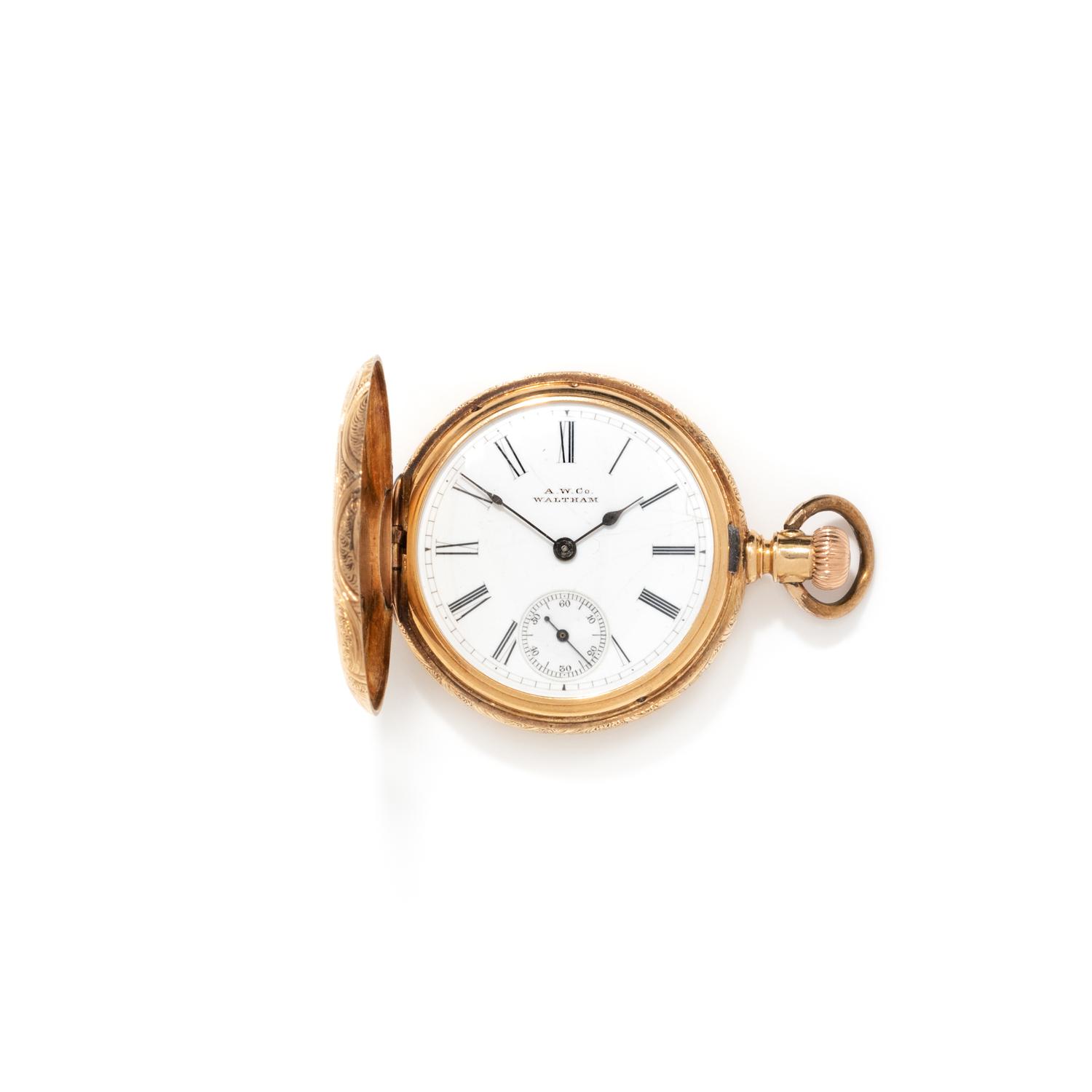 WALTHAM, 18K YELLOW GOLD HUNTER CASE POCKET WATCH