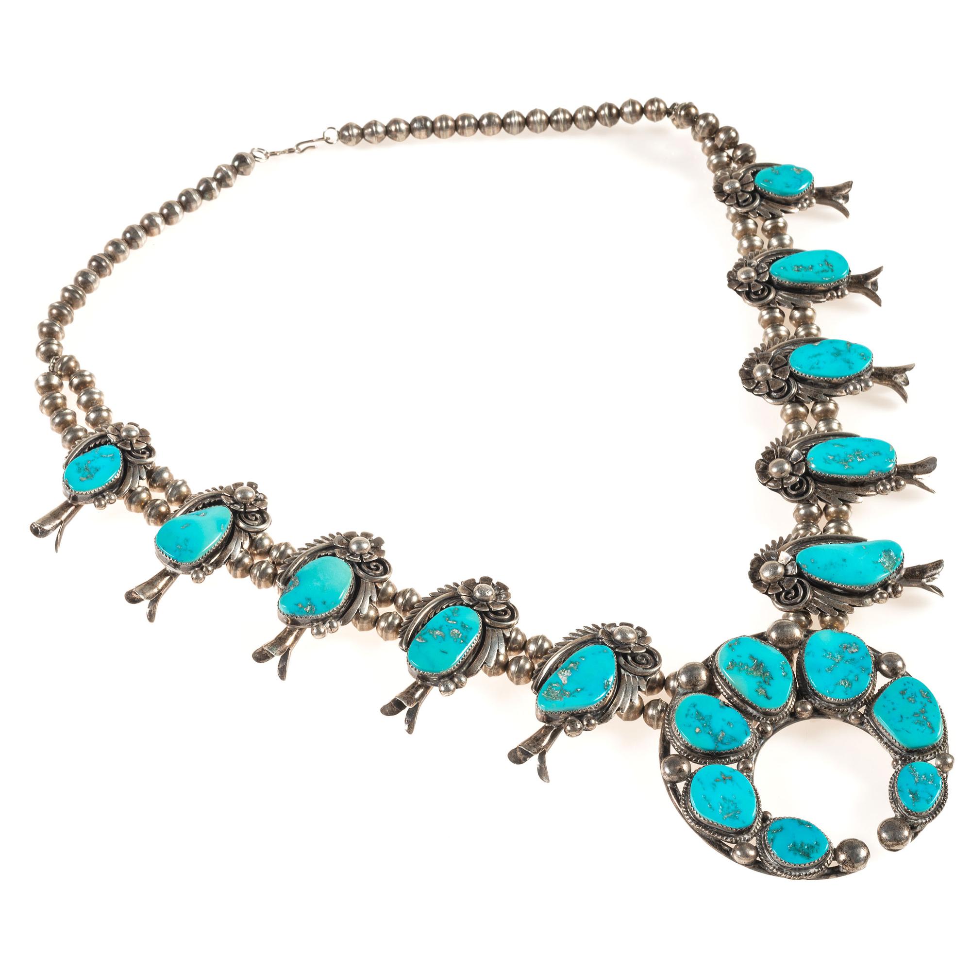 Navajo Silver and Turquoise Squash Blossom Necklace