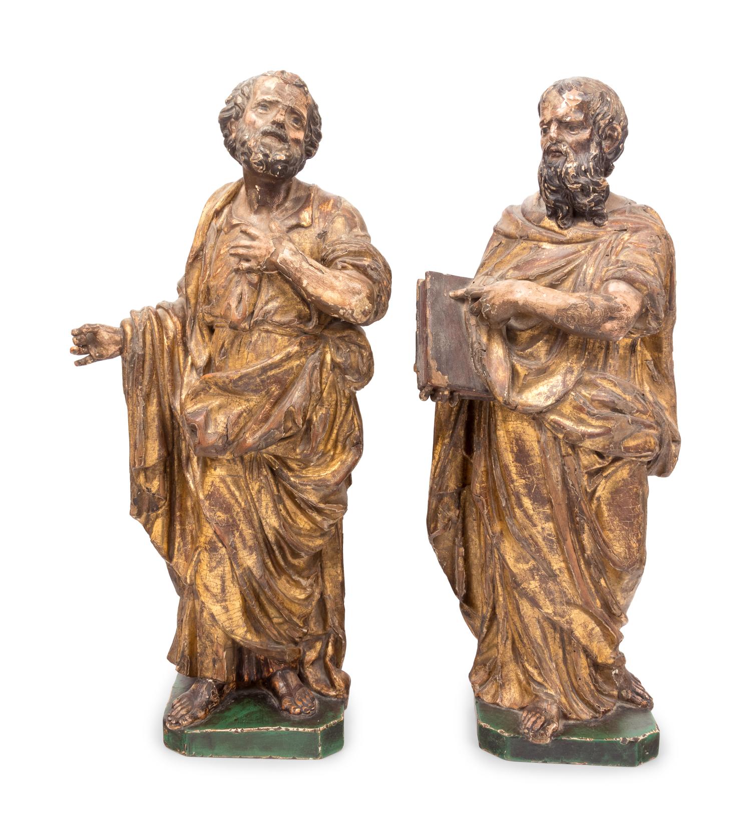 A Pair of Spanish Baroque Giltwood Figures of Saints