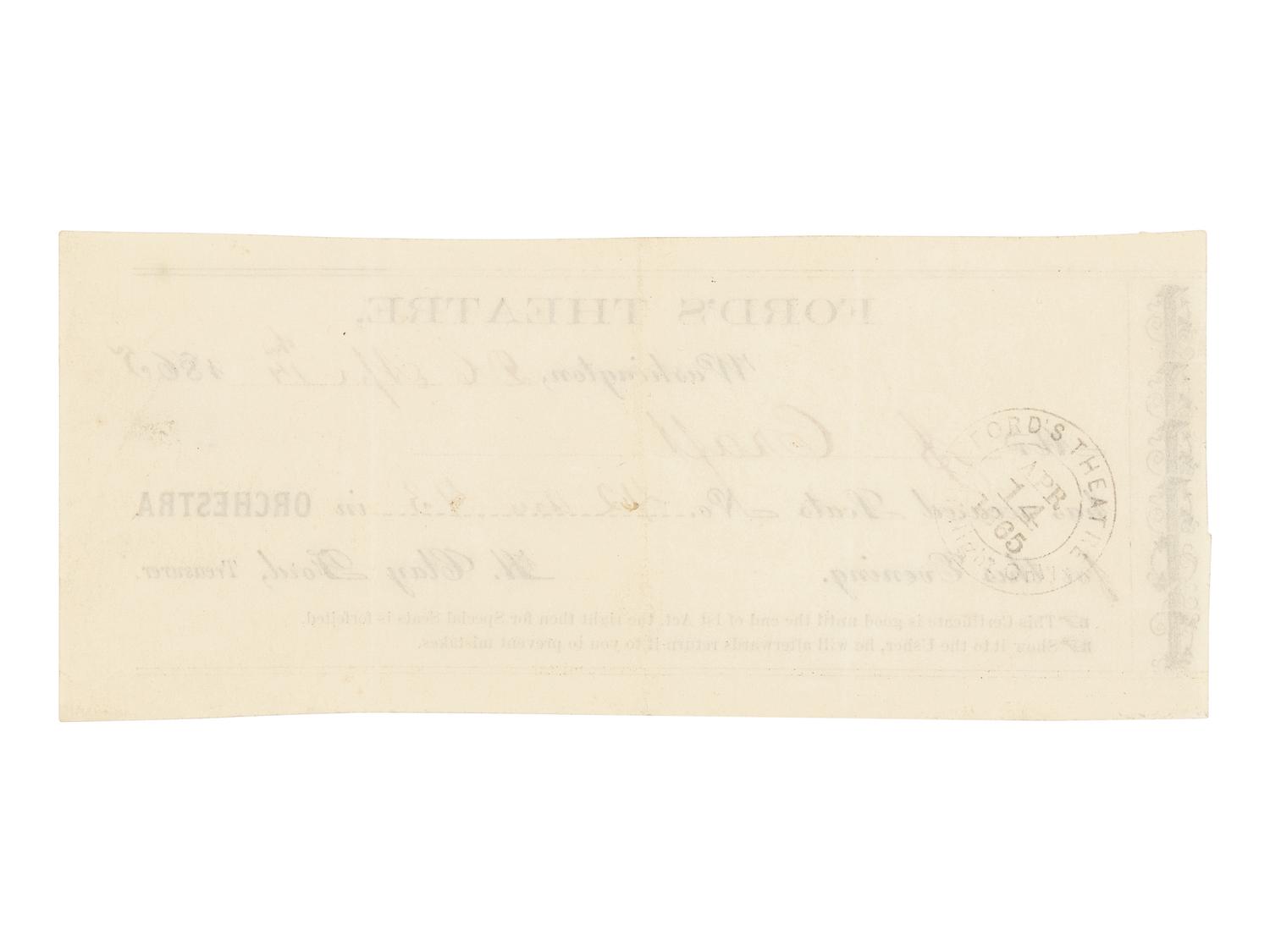 [LINCOLN ASSASSINATION]. Partially printed advance ticket for the 14 April 1865 performance of Our American Cousin issued to Mr. J. Craft at Ford's Theatre. Washington, D.C., 14 April 1865.