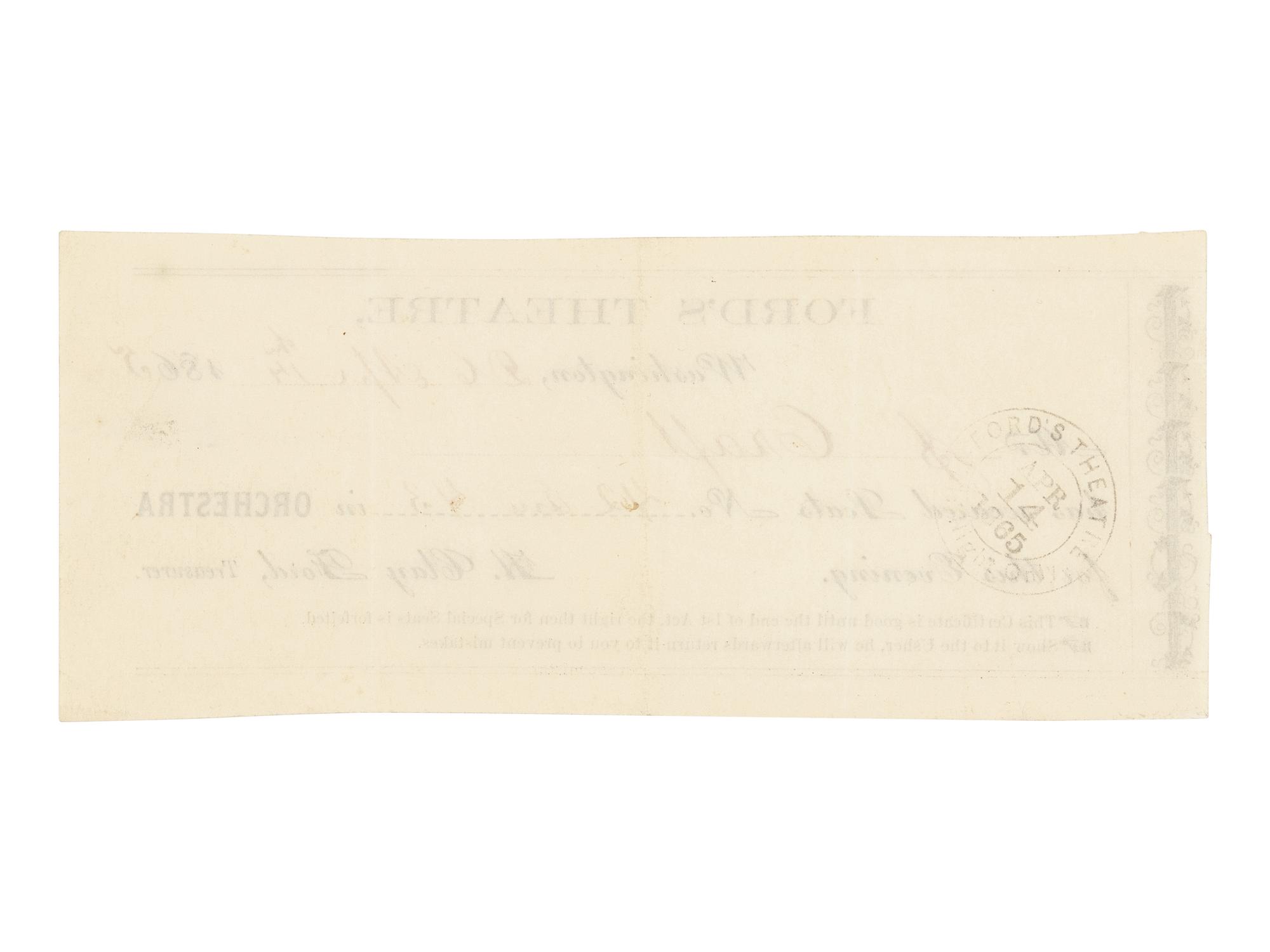 [LINCOLN ASSASSINATION]. Partially printed advance ticket for the 14 April 1865 performance of Our American Cousin issued to Mr. J. Craft at Ford's Theatre. Washington, D.C., 14 April 1865.