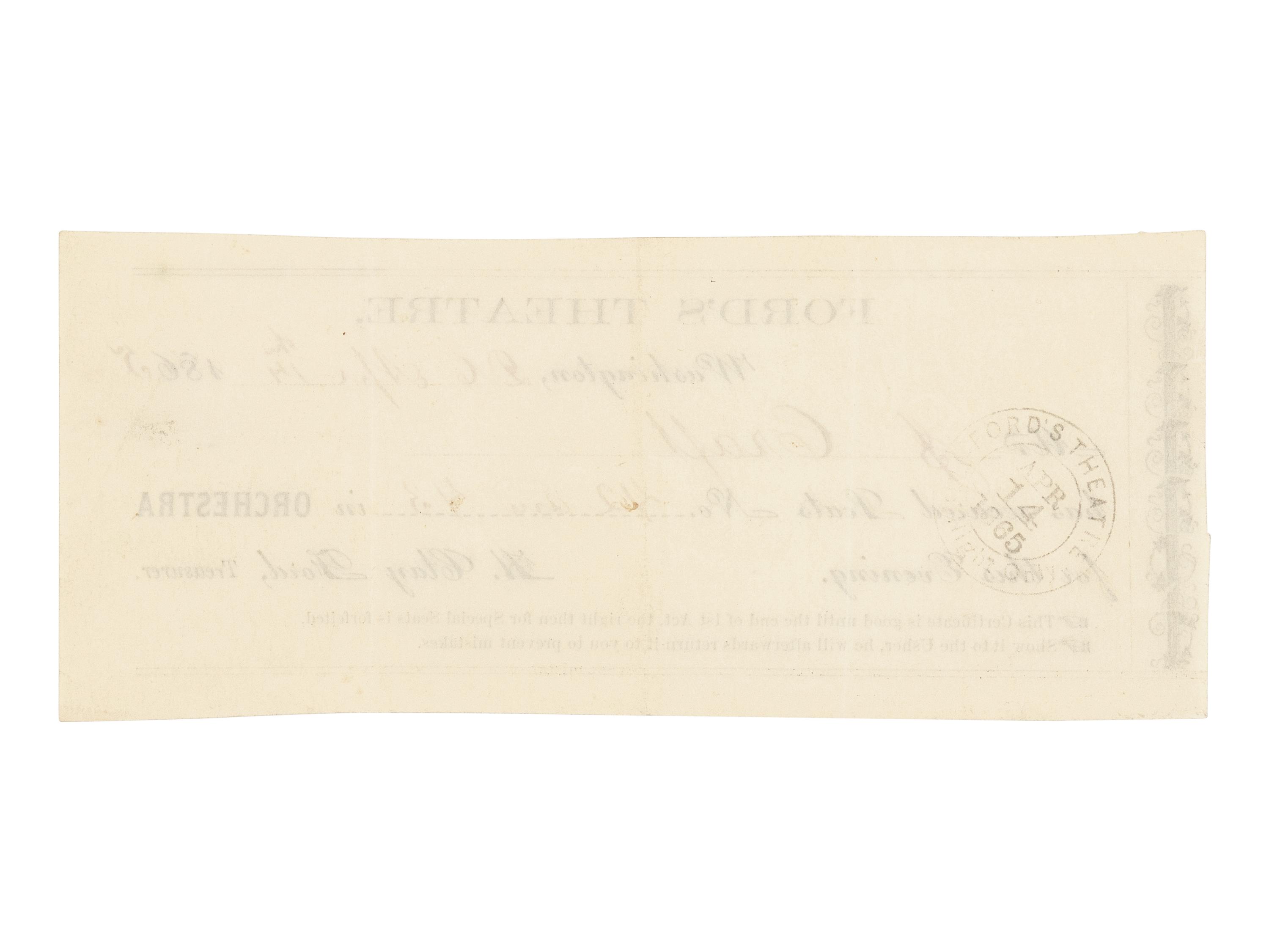 [LINCOLN ASSASSINATION]. Partially printed advance ticket for the 14 April 1865 performance of Our American Cousin issued to Mr. J. Craft at Ford's Theatre. Washington, D.C., 14 April 1865.