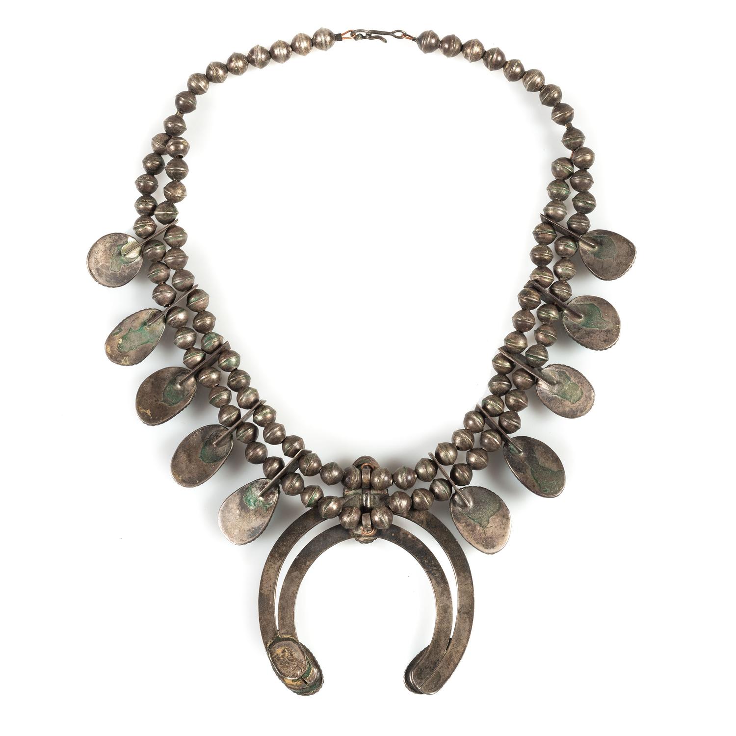 Navajo Silver and Turquoise Squash Blossom Necklace