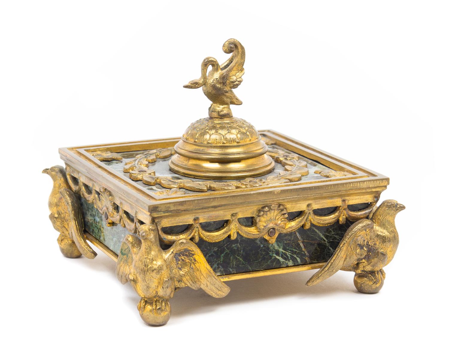 An Empire Gilt Bronze Mounted Marble Encrier Width 5 1/2 inches. — 19TH CENTURY