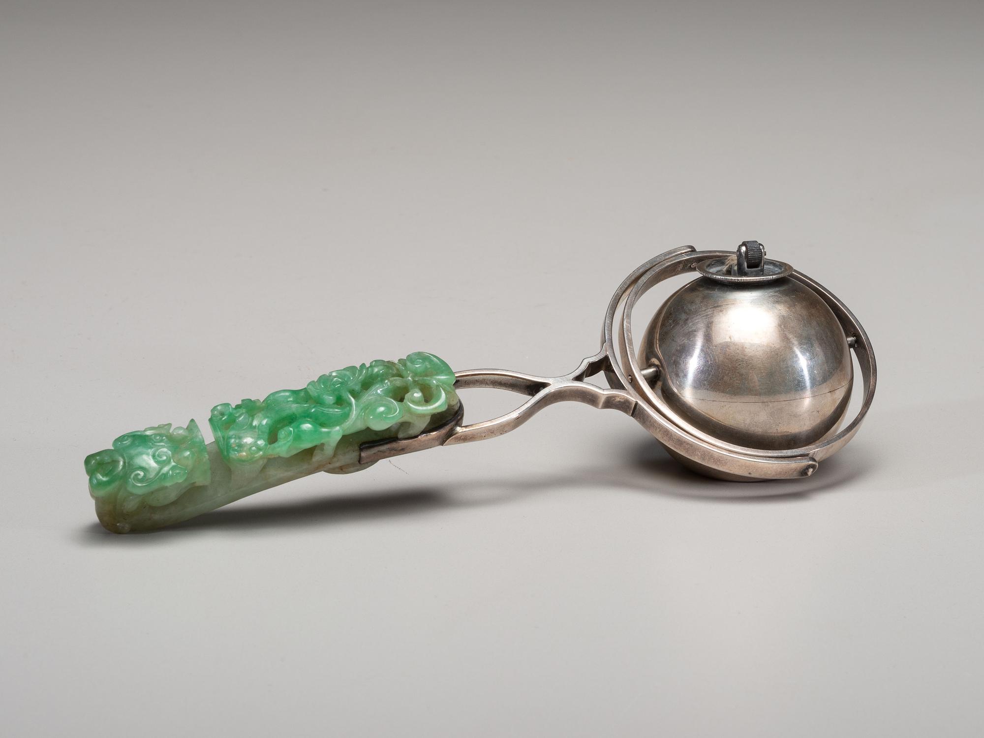 A Chinese Silver and Carved Jade Table Cigarette Lighter Identified to Eleanor Roosevelt