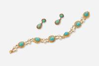 A Matching Set of 14K Yellow Gold and Turquoise Earrings and Bracelet