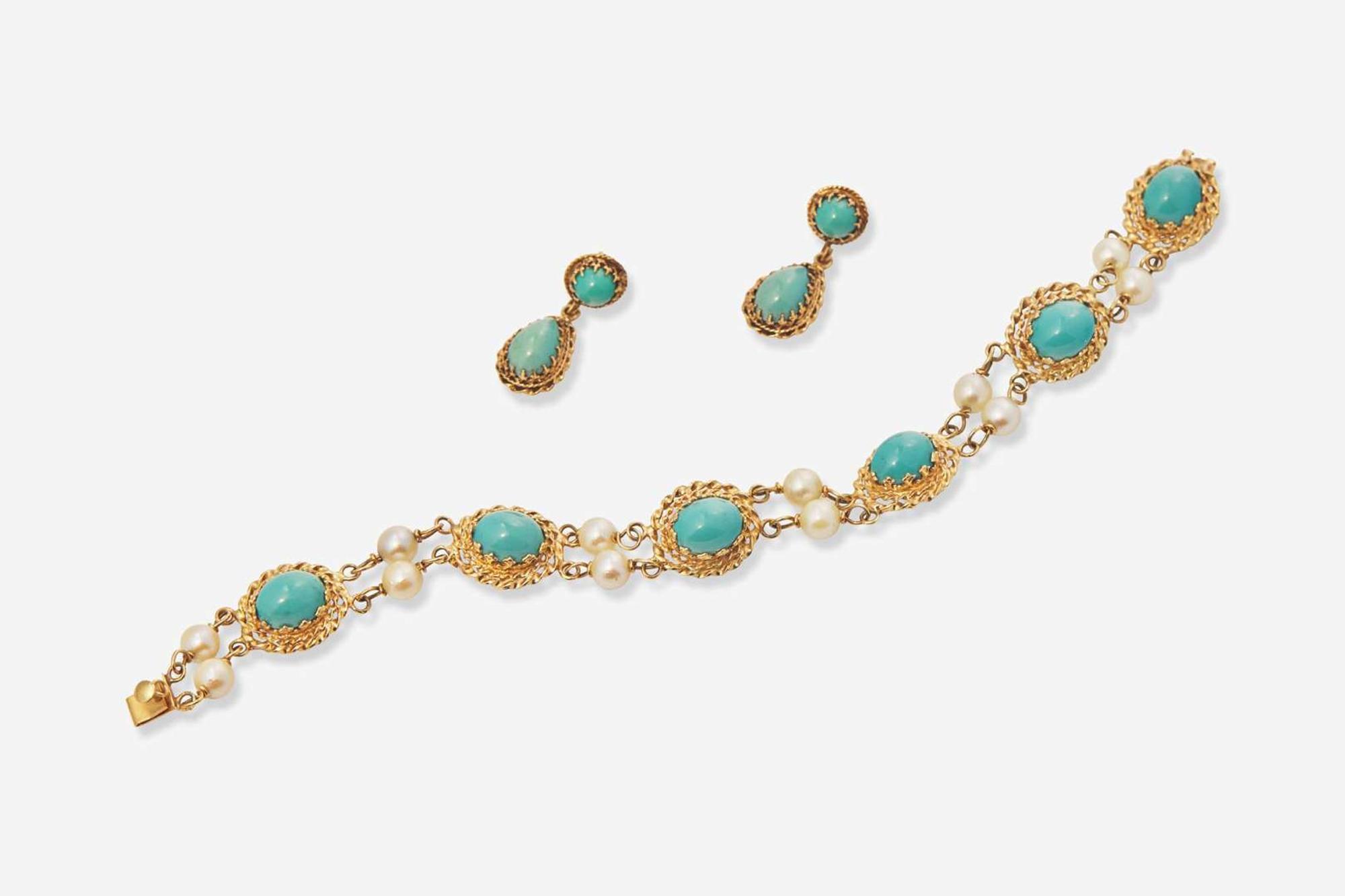 A Matching Set of 14K Yellow Gold and Turquoise Earrings and Bracelet