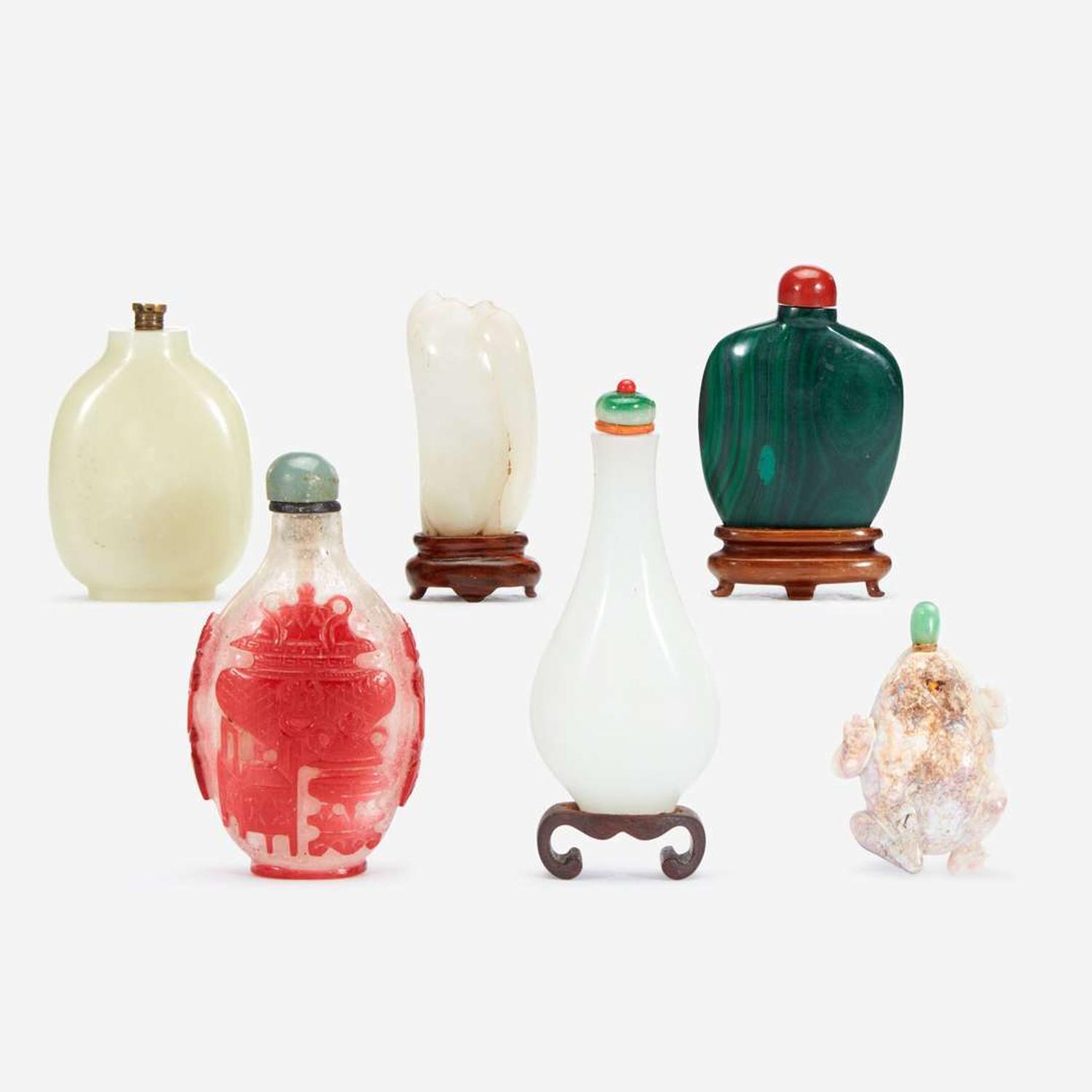 Group of five Chinese snuff bottles and a jade carving