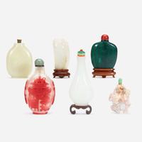 Group of five Chinese snuff bottles and a jade carving