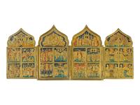 An Eastern European Enameled Brass Four-Panel Icon