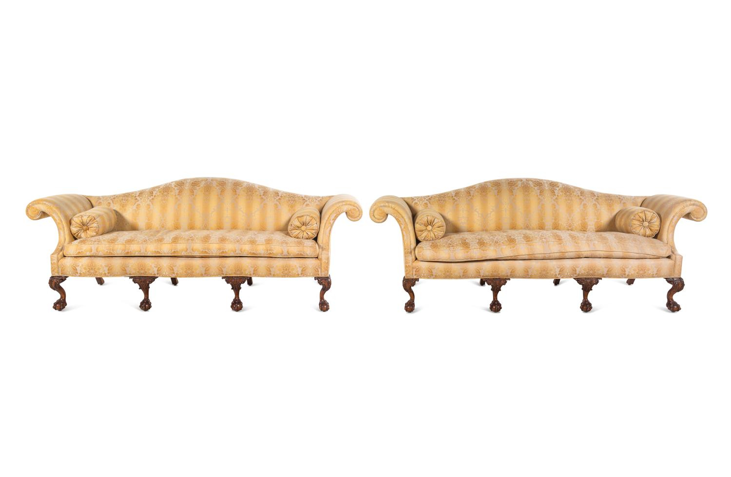 A Pair of George II Style Camelback Sofas with Scalamandré Upholstery