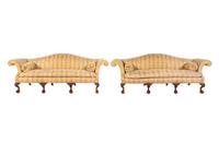 A Pair of George II Style Camelback Sofas with Scalamandré Upholstery