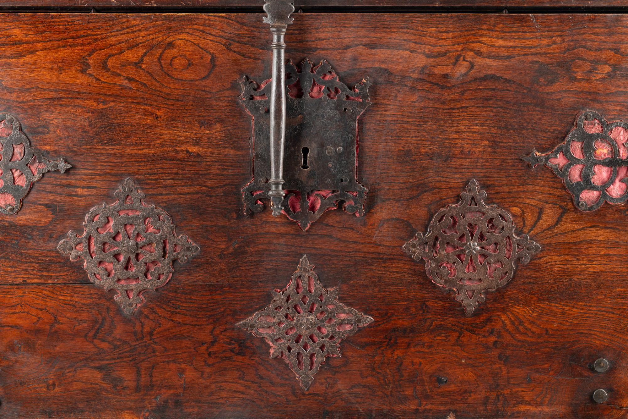 A Spanish Baroque Parcel Gilt Walnut Vargueño on Stand