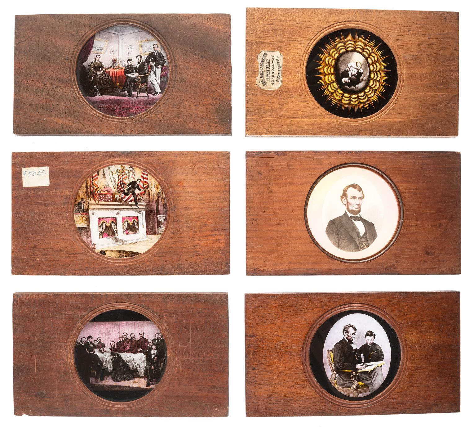 [LINCOLNIANA - MAGIC LANTERN SLIDES]. A collection of 65 assorted glass slides depicting important subjects and scenes depicting the life, death, and legacy of Abraham Lincoln, including: