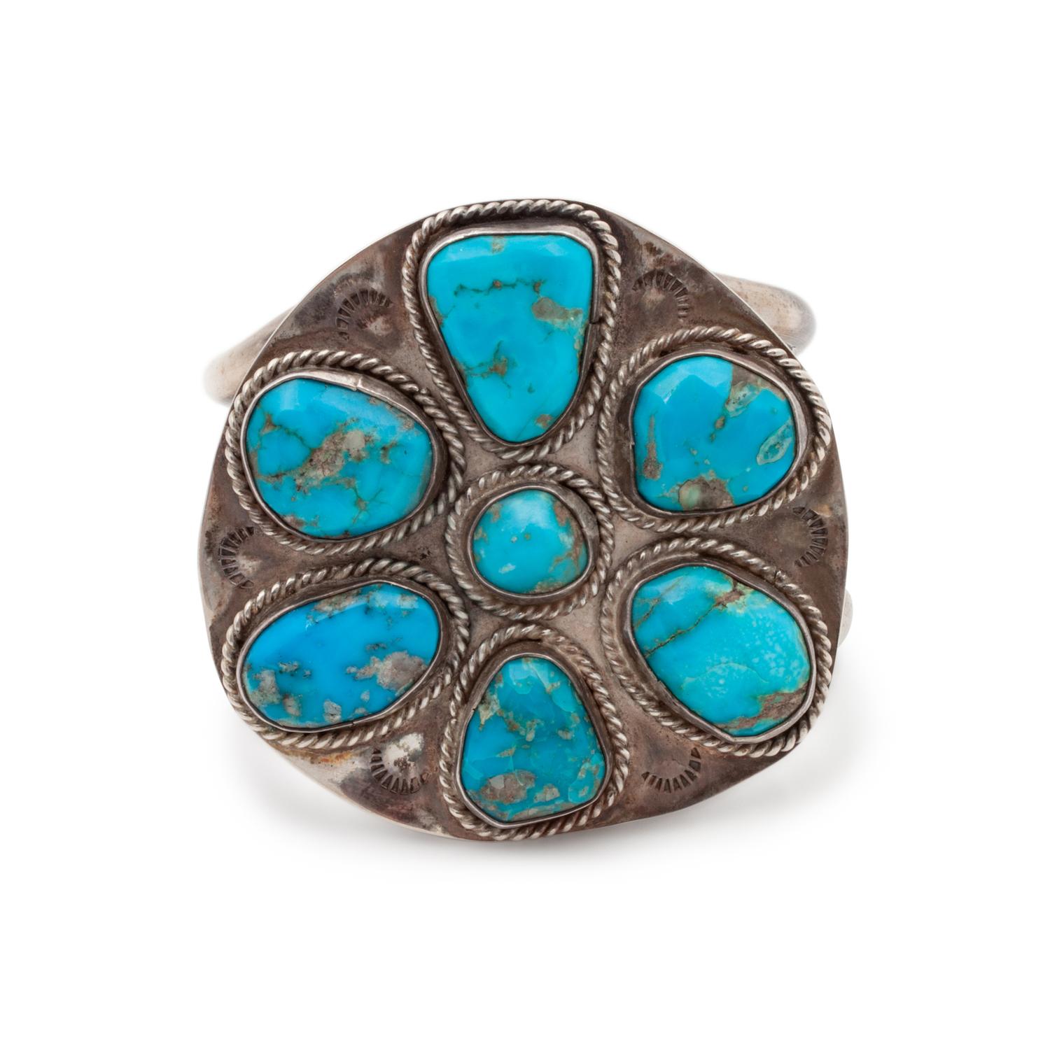 Navajo Silver and Turquoise Cluster Cuff Bracelet