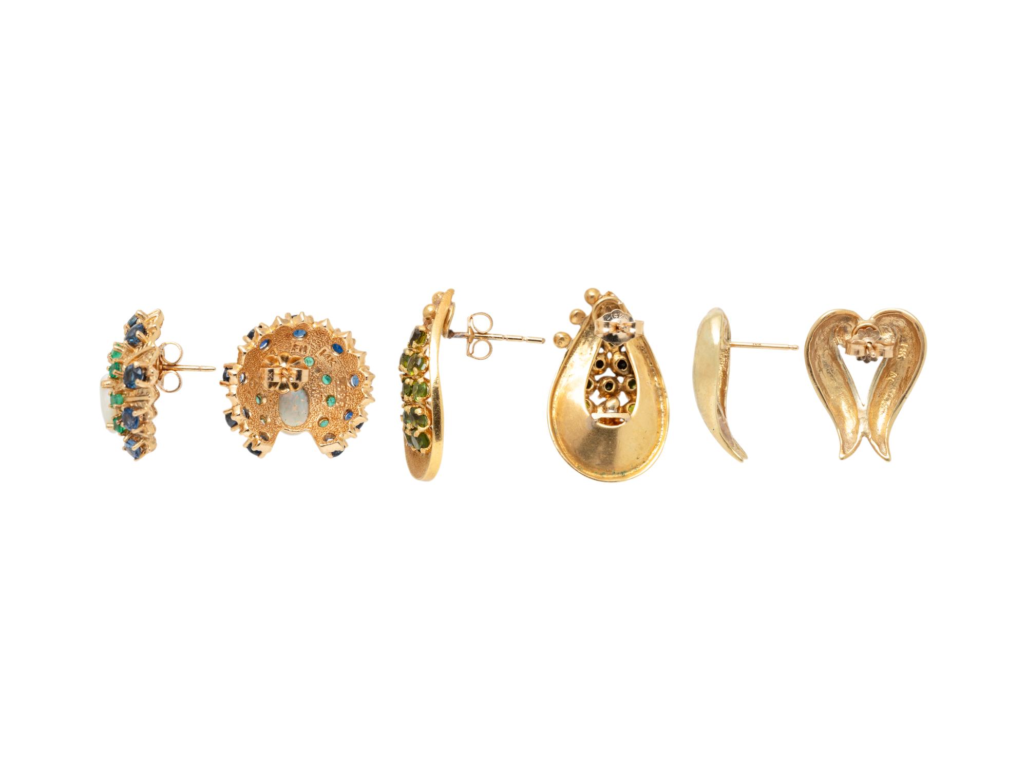 THREE PAIRS OF YELLOW GOLD AND GEMSTONE EARRINGS
