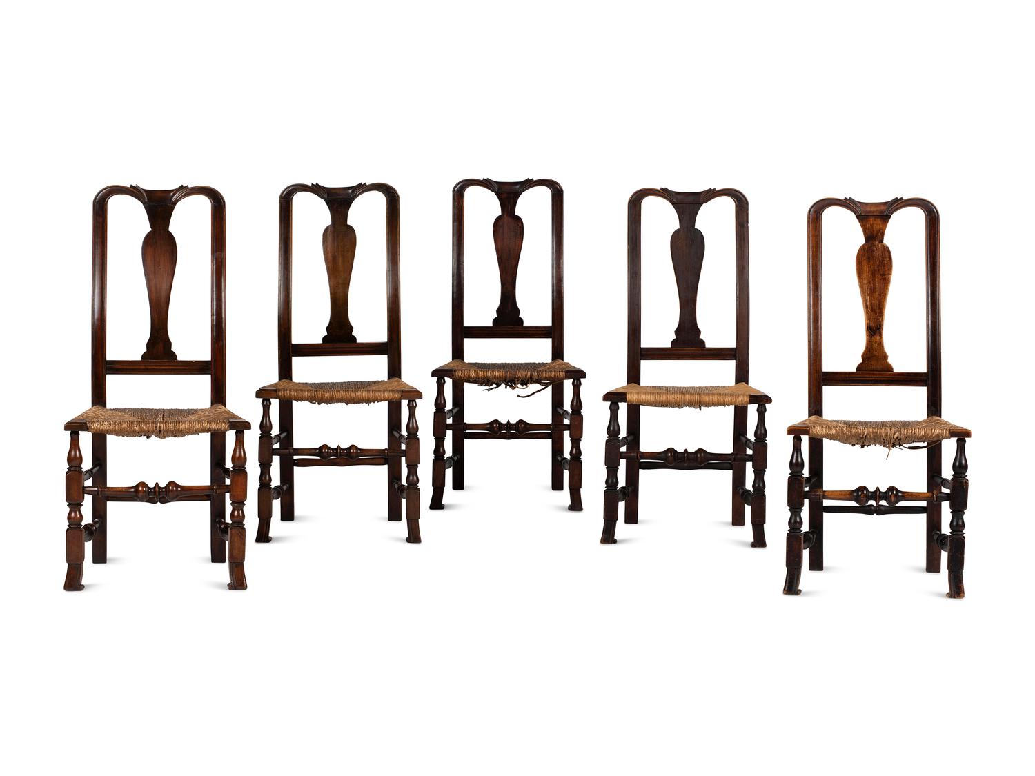 A Matched Set of Five Queen Anne Transitional Rush-Seat Spanish-Foot Side Chairs