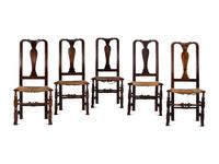A Matched Set of Five Queen Anne Transitional Rush-Seat Spanish-Foot Side Chairs