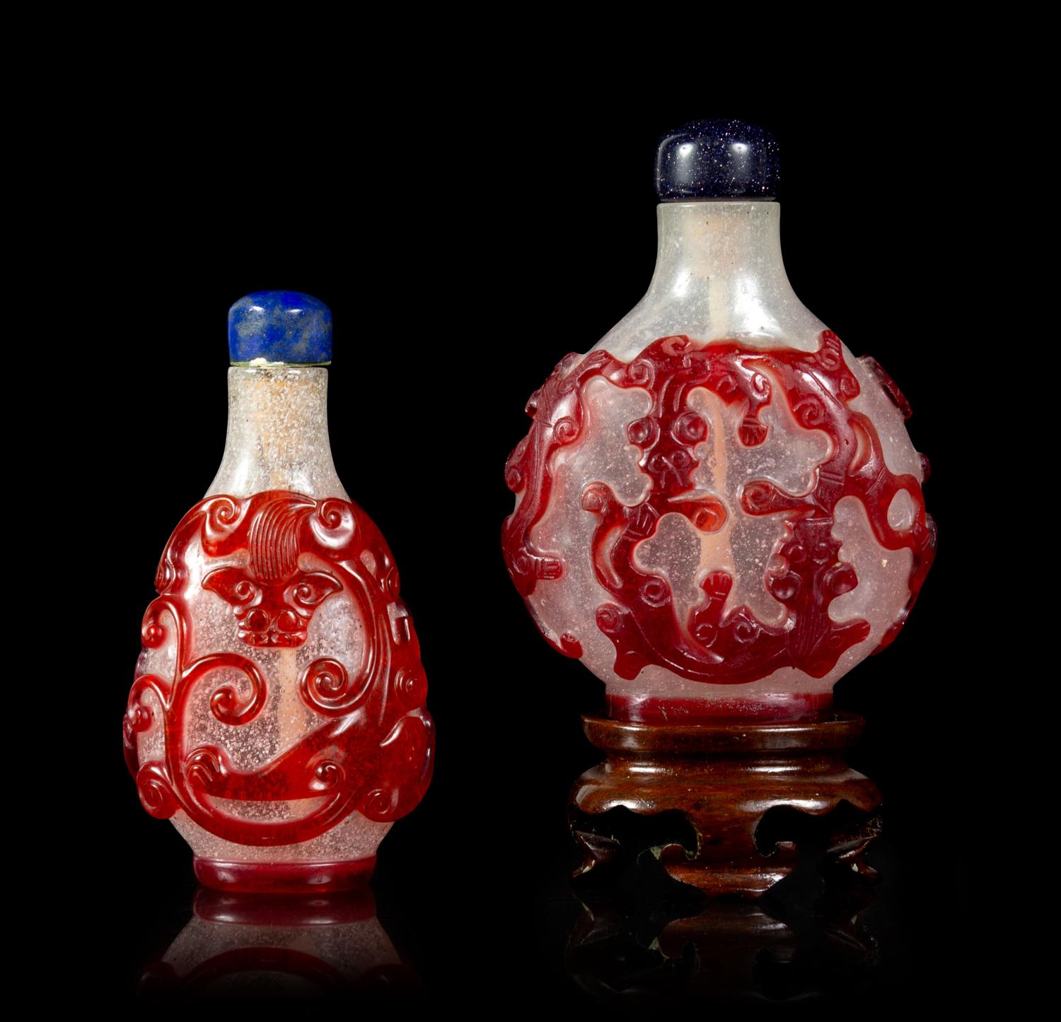 Two Red Overlay 'Snowflake' Ground Glass 'Chilong' Snuff Bottles