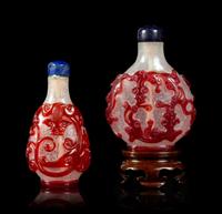 Two Red Overlay 'Snowflake' Ground Glass 'Chilong' Snuff Bottles