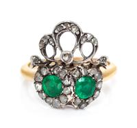 A Victorian Silver, Gold, Emerald and Diamond Double Heart Ring, Circa 1880, 2.70 dwts.