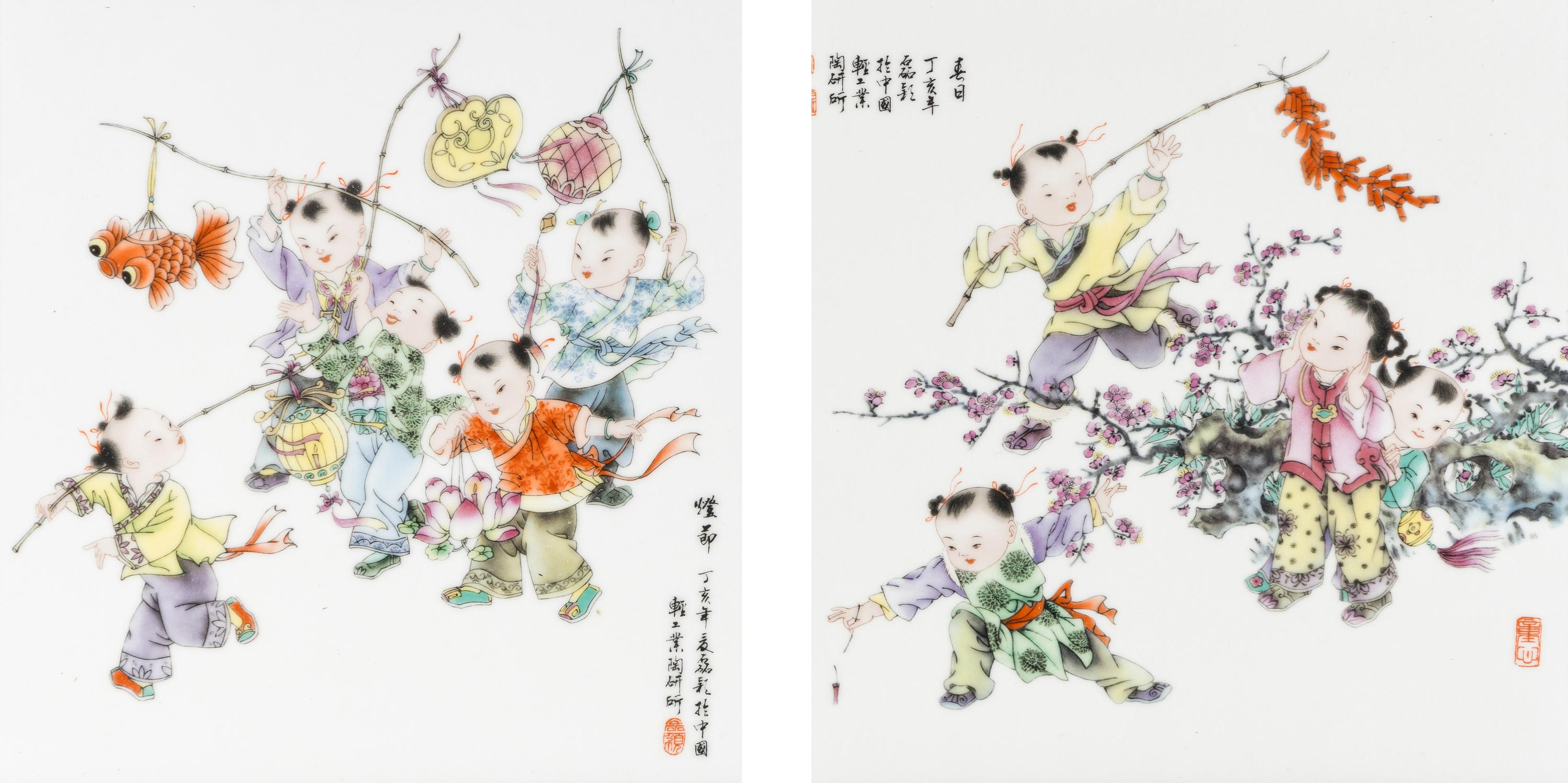 A Pair of Chinese Enameled Porcelain Hanging Panels