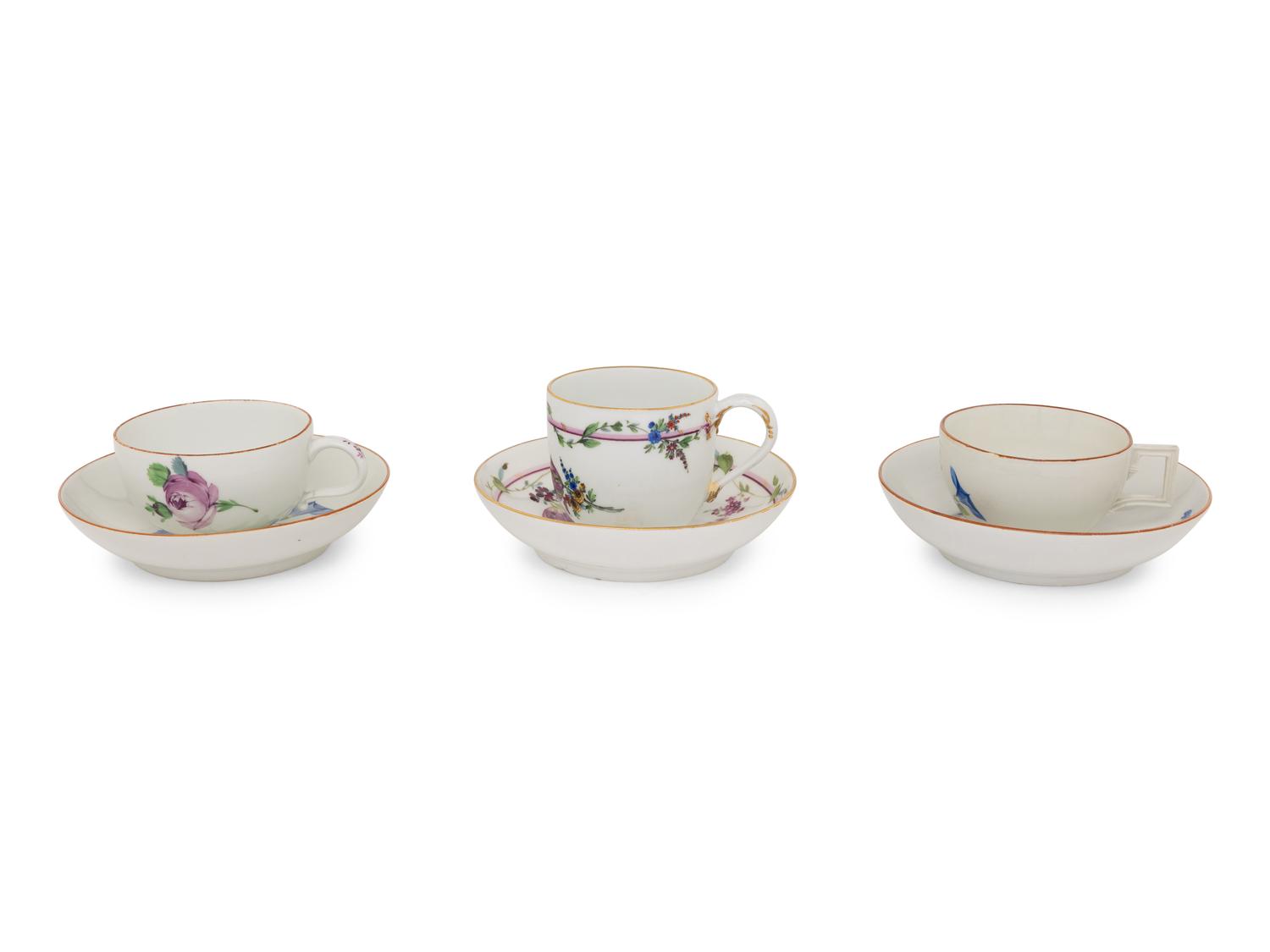 Three Meissen Porcelain Teacups and Saucers