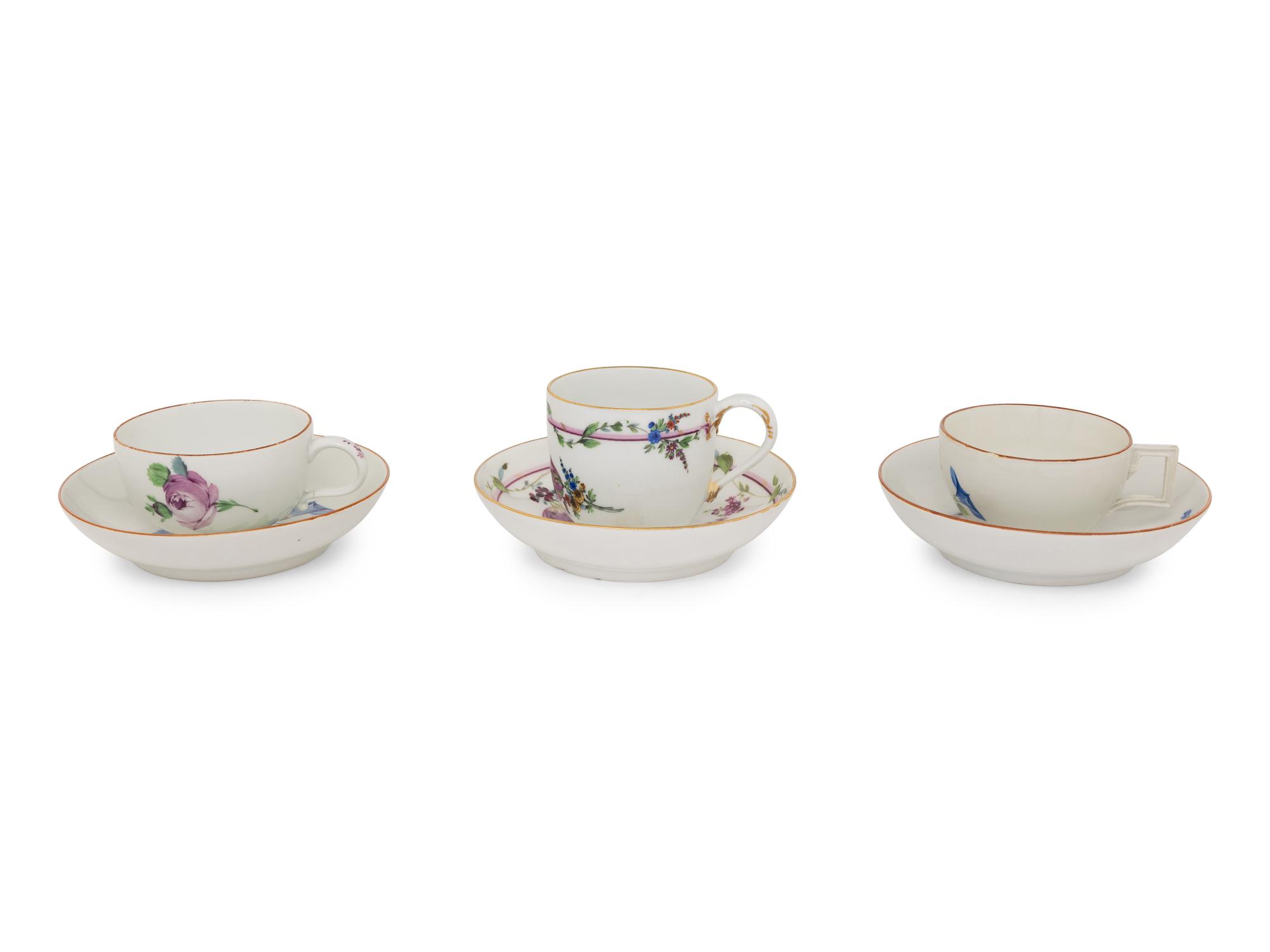 Three Meissen Porcelain Teacups and Saucers