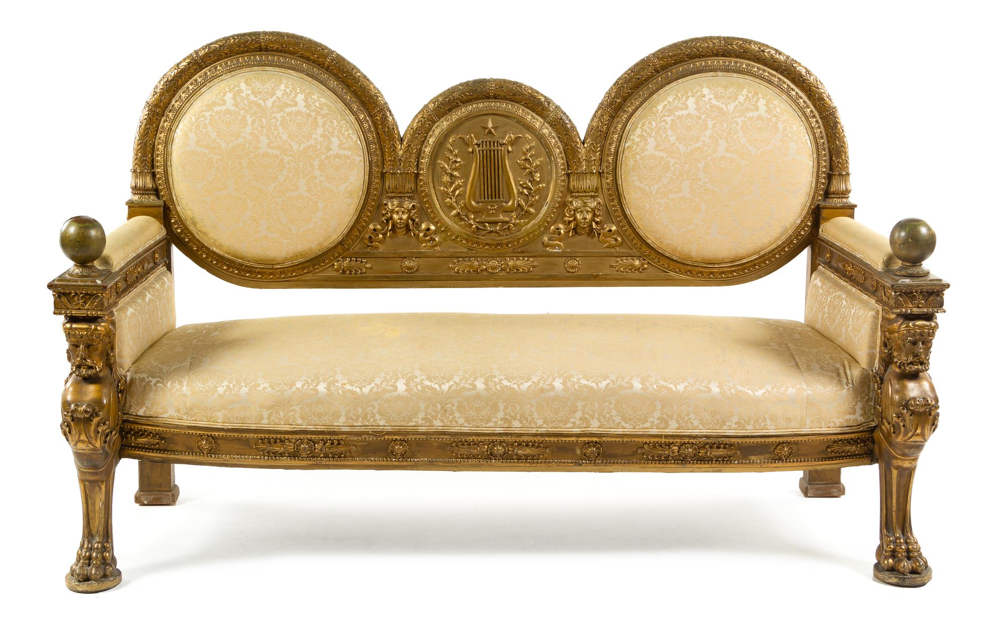 An Empire Style Giltwood Canape Height 48 3/4 x width 78 inches. — AFTER FRANCOIS-HONORE-GEORGES JACOB-DESMALTER, LATE 19TH CENTURY