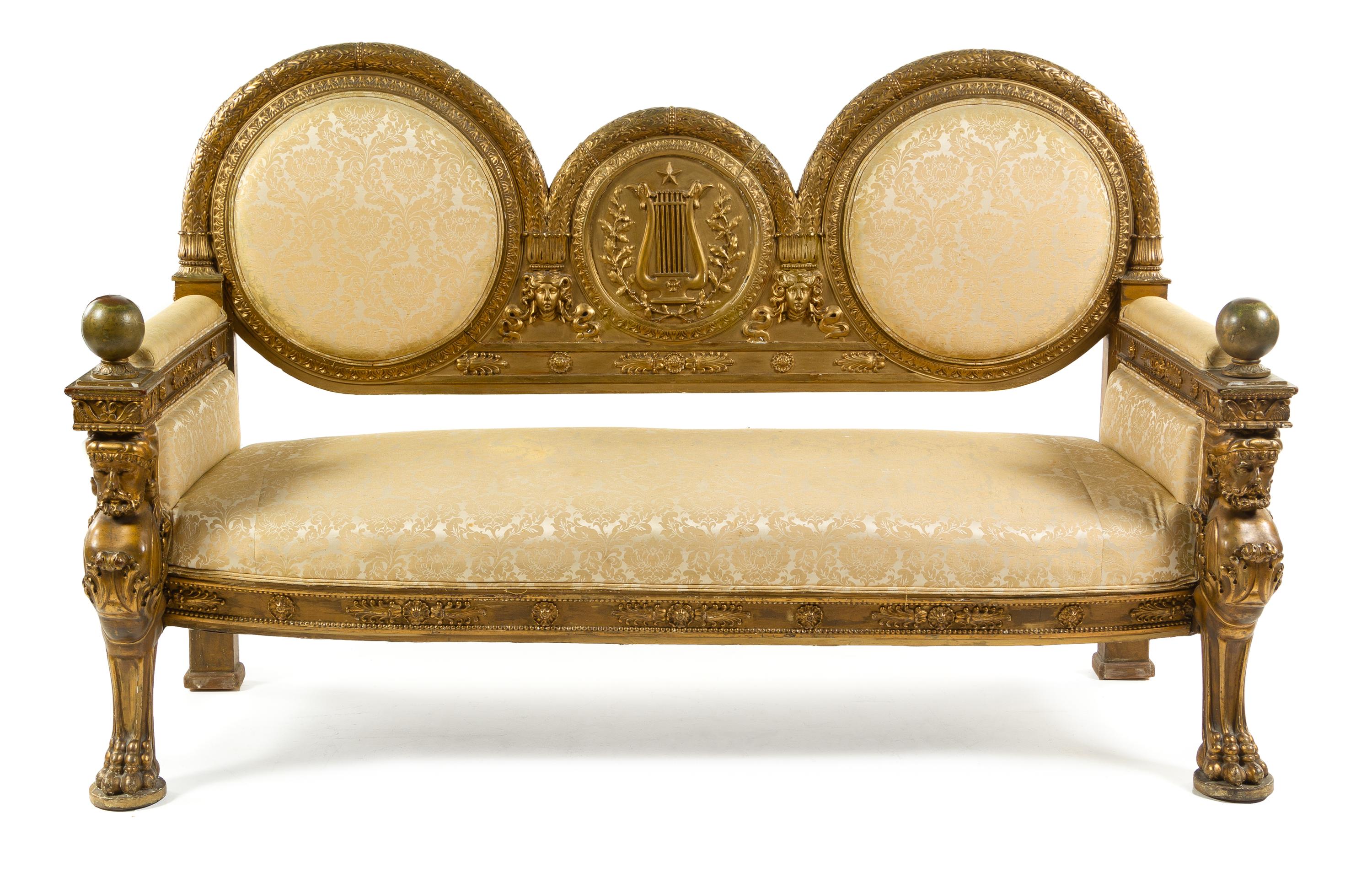 An Empire Style Giltwood Canape Height 48 3/4 x width 78 inches. — AFTER FRANCOIS-HONORE-GEORGES JACOB-DESMALTER, LATE 19TH CENTURY