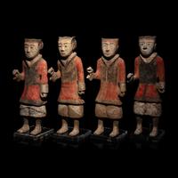 Four Chinese Painted Pottery Soldiers, Han Dynasty — 漢 彩繪步兵陶俑四件