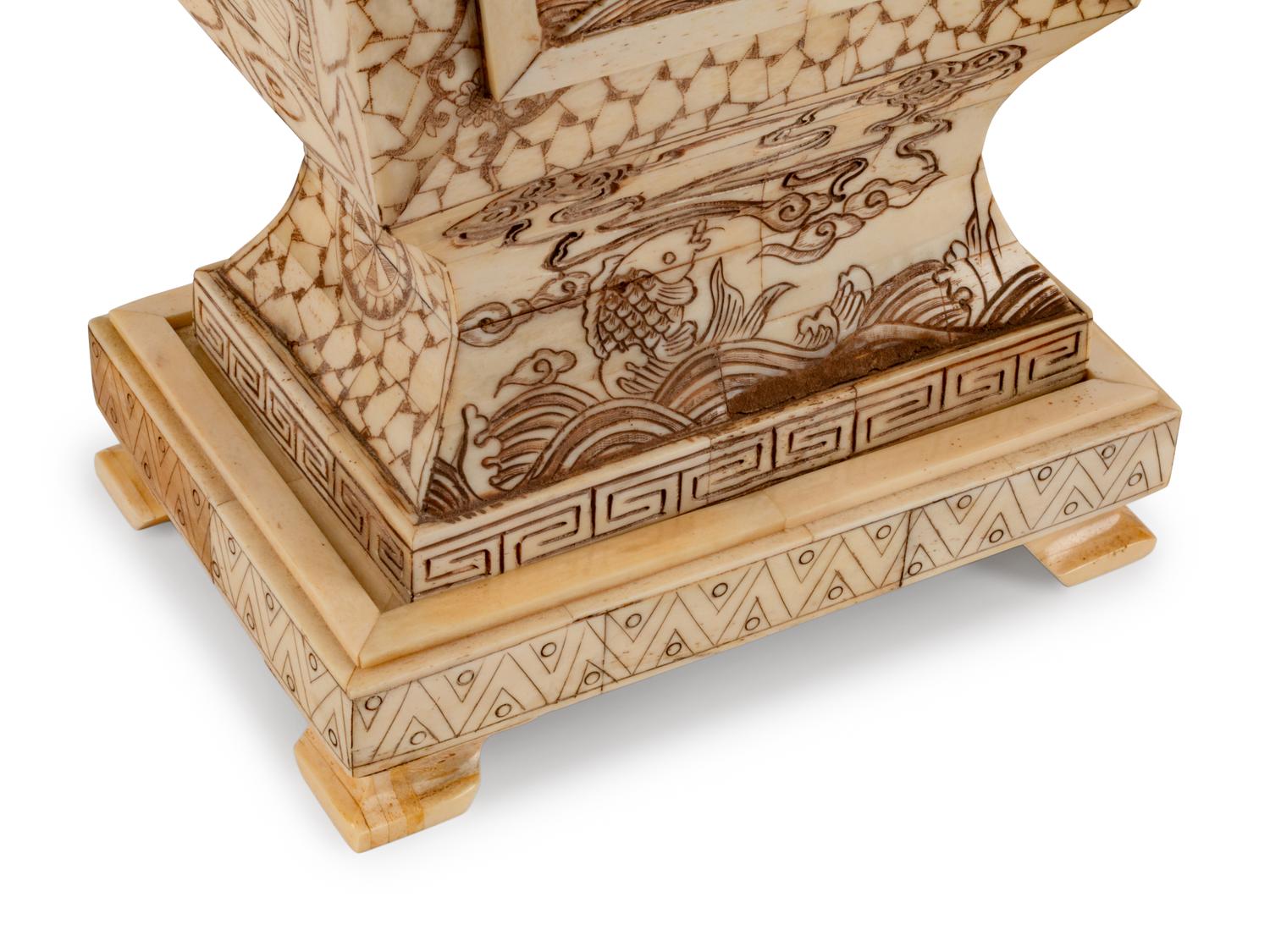 A Pair of Japanese Bone-Veneered Covered Vases on Stands